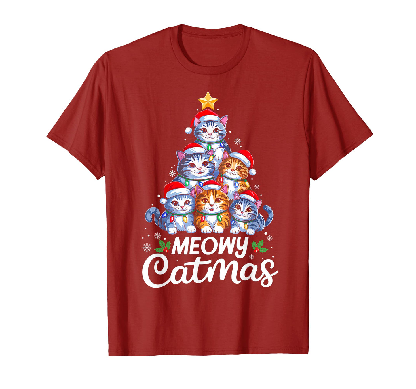 Meowy Catmas Christmas Tree Lights Cat Kitten Santa Hat Xmas T-Shirt