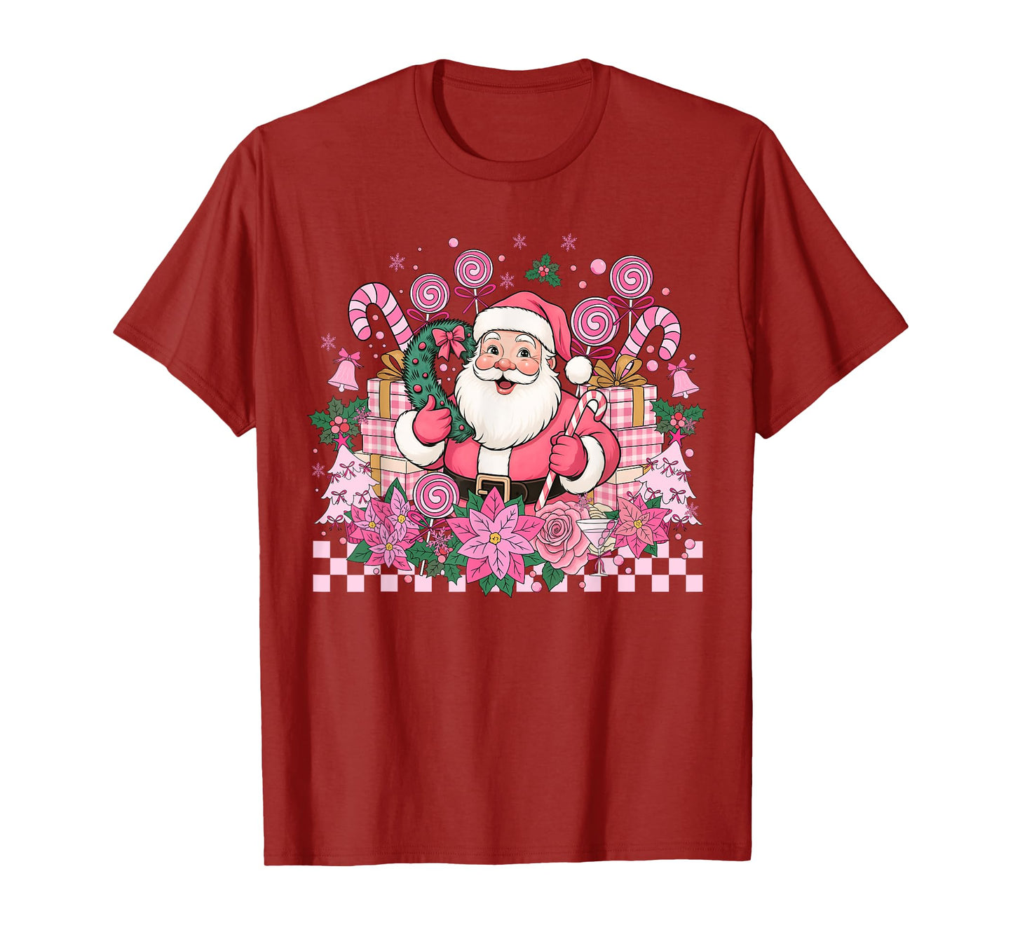 Vintage Pink Santa Claus Merry Christmas Pajamas Xmas Women T-Shirt