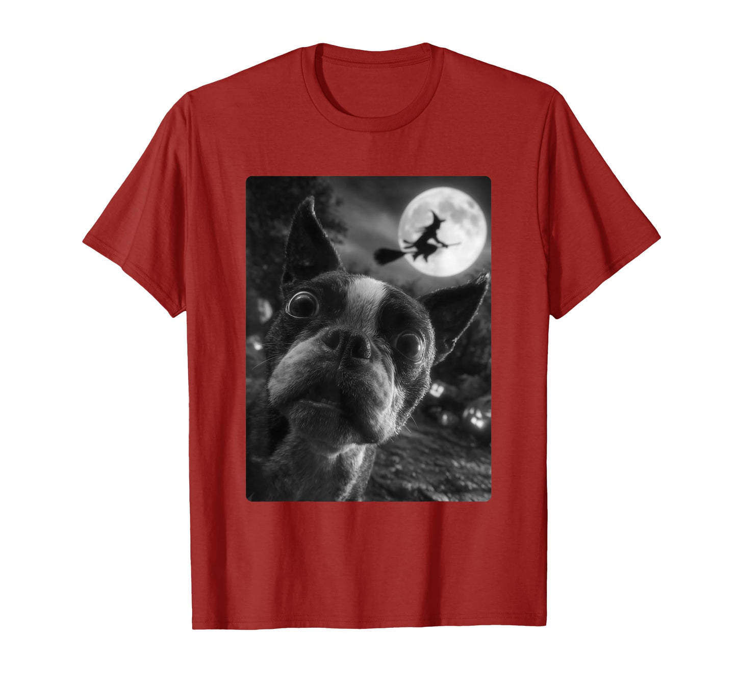 Boston Terrier Selfie Full Moon Flying Witch Halloween Dog T-Shirt