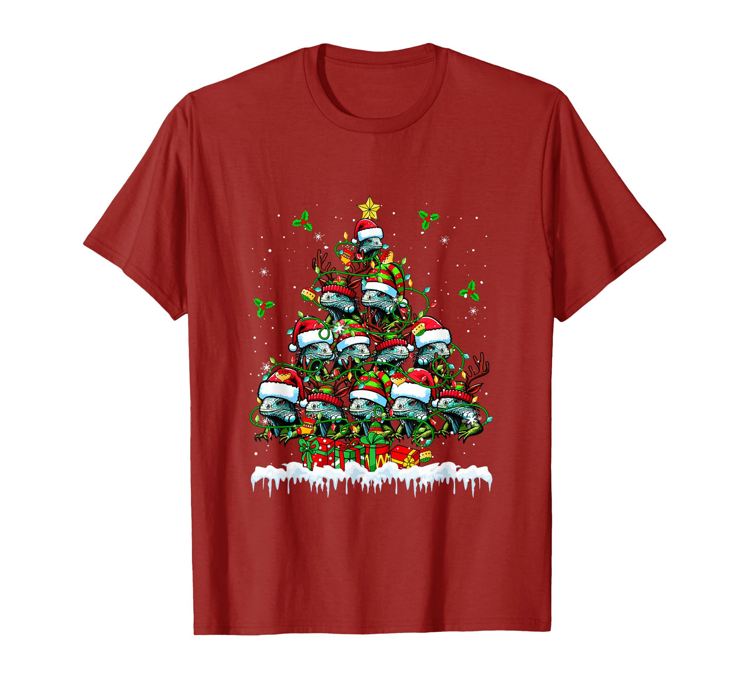 Group Santa Reindeer Elf Iguanas Xmas Tree Colorful Lights T-Shirt