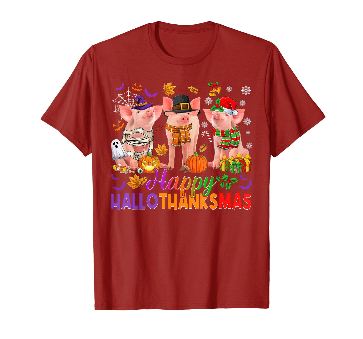 Happy Hallothanksmas Halloween Thanksgiving Christmas Pigs T-Shirt