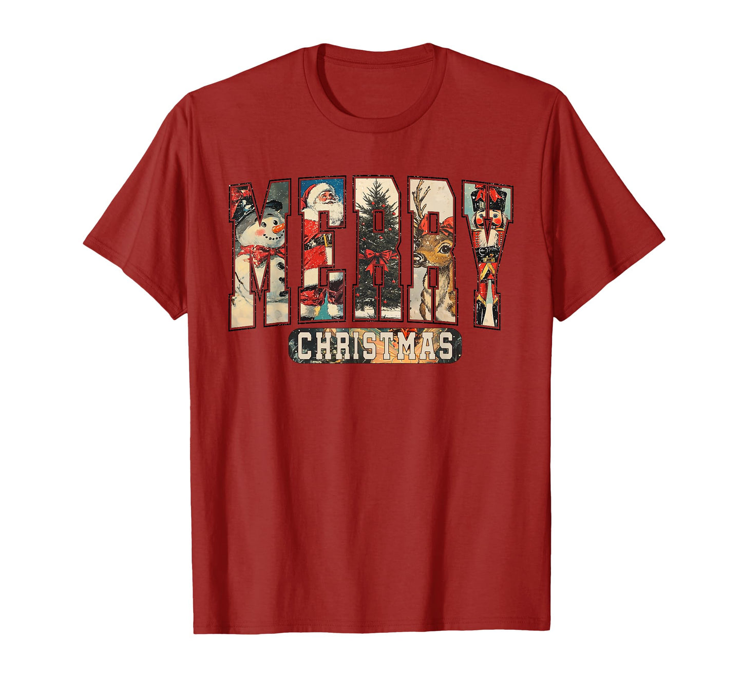 Retro Merry Christmas Santa Claus Reindeer Snowman Cute Xmas T-Shirt