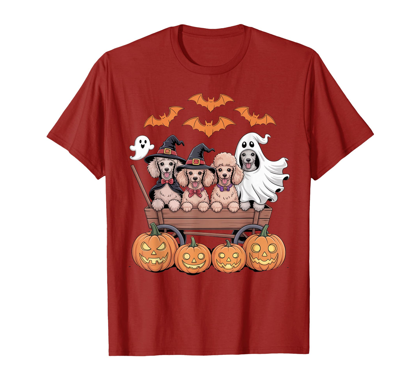 Poodle Halloween Wagon Witch Hats Ghost Bats Pumpkins Funny T-Shirt