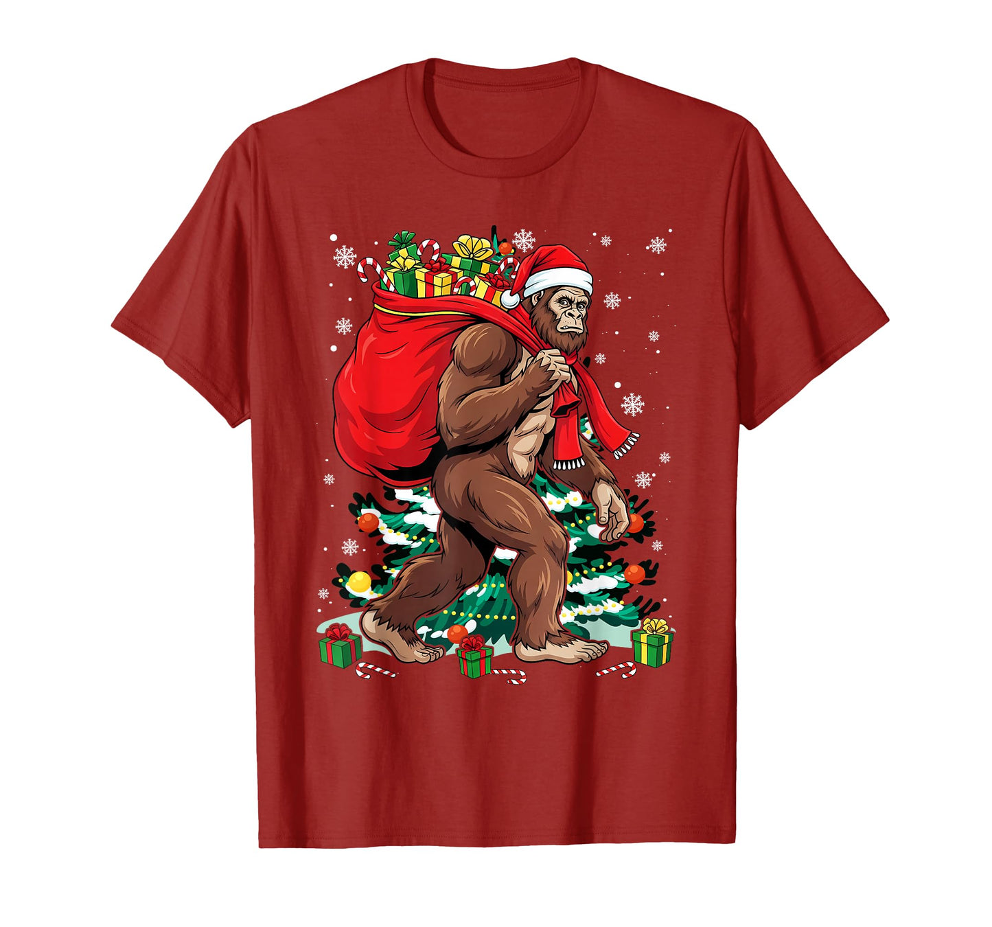 Bigfoot Santa Carrying Christmas Bag Xmas Hat Sasquatch Men T-Shirt