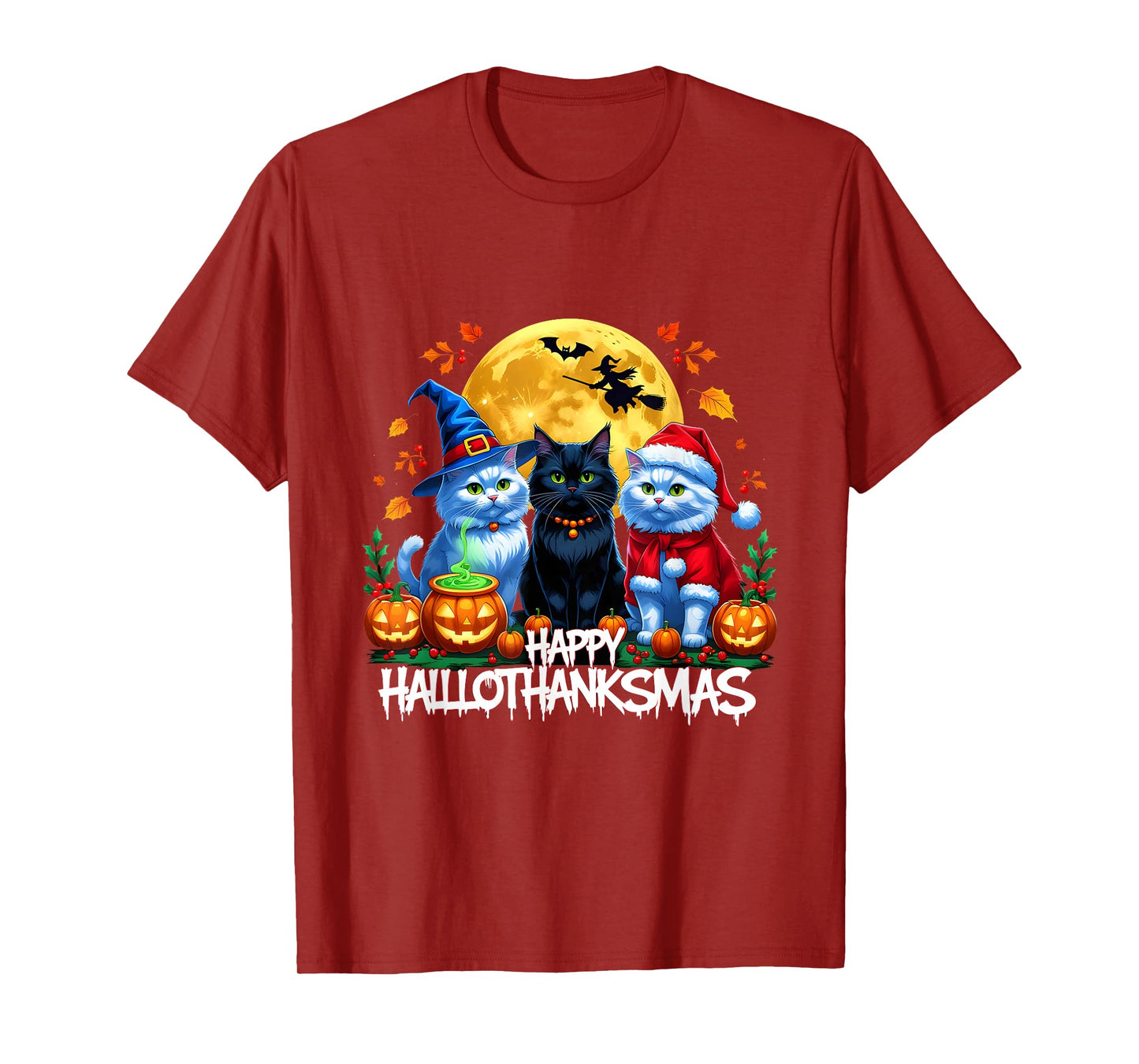 Happy Hallothanksmas Cats Halloween Thanksgiving Christmas T-Shirt
