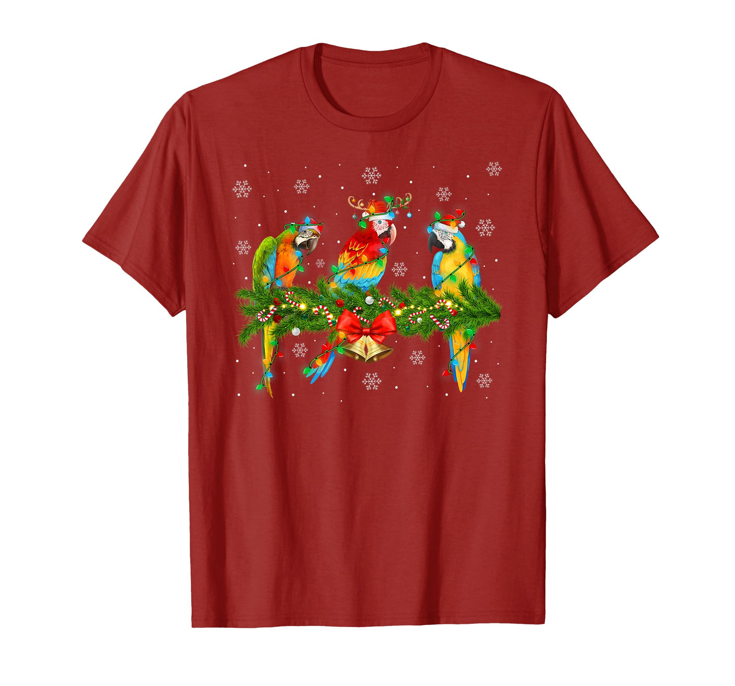 Colorful Macaw Parrots Christmas Lights Tropical Bird Xmas T-Shirt
