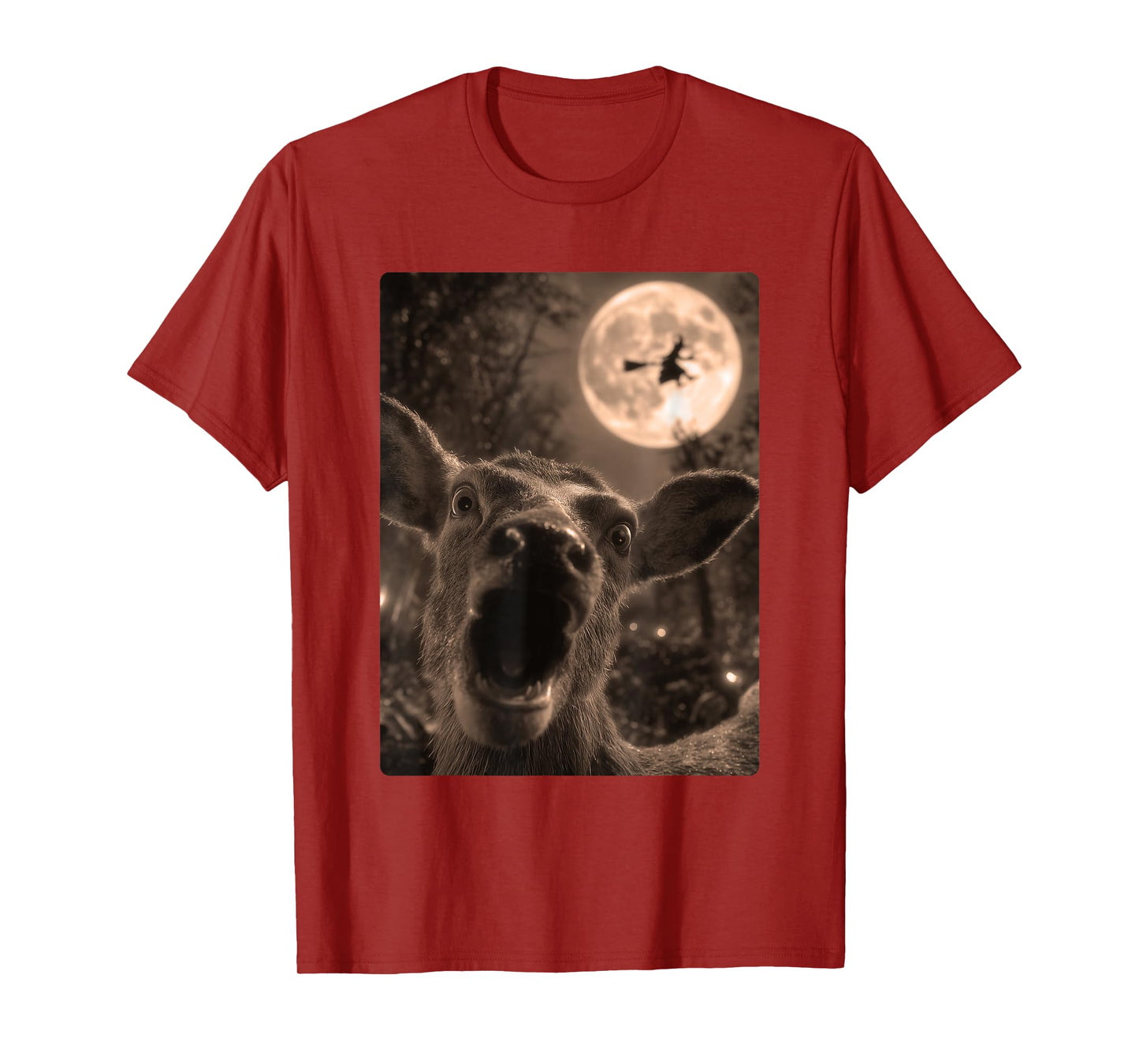 Funny Deer Selfie Full Moon Flying Witch Forest Halloween T-Shirt