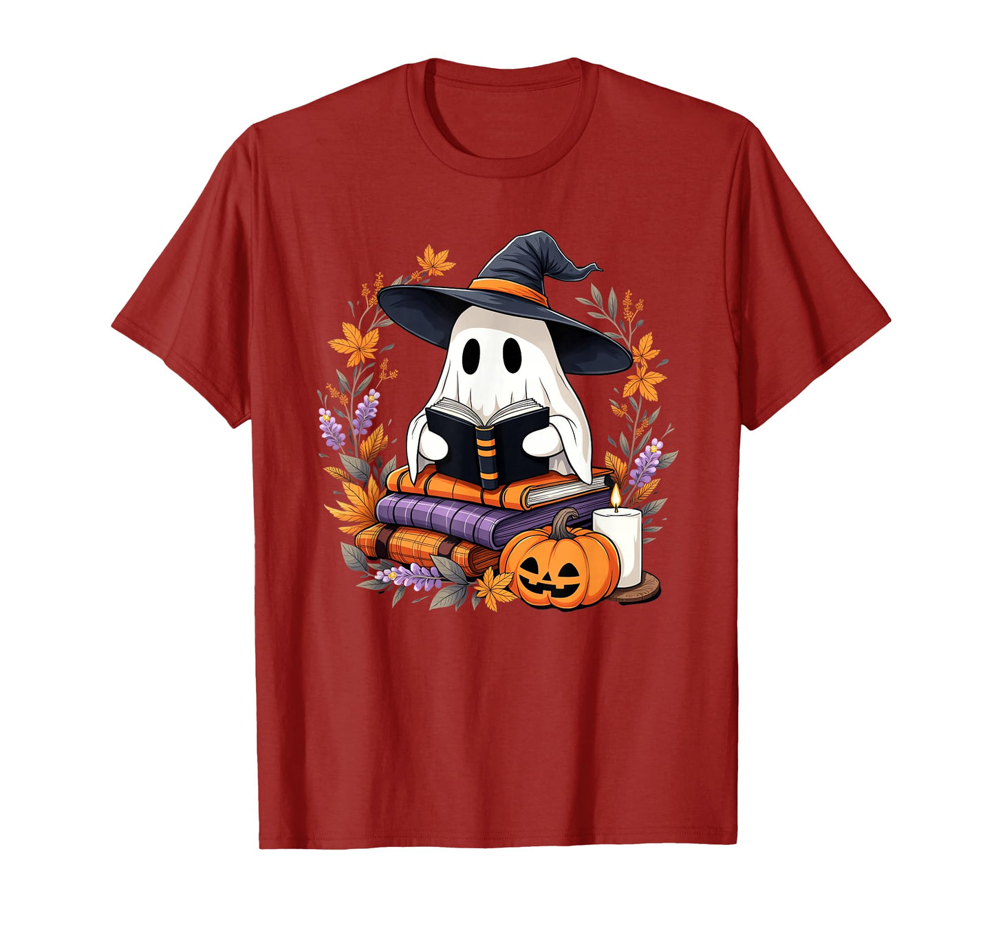 Halloween Ghost Reading Witch Hat Pumpkin Autumn Books T-Shirt