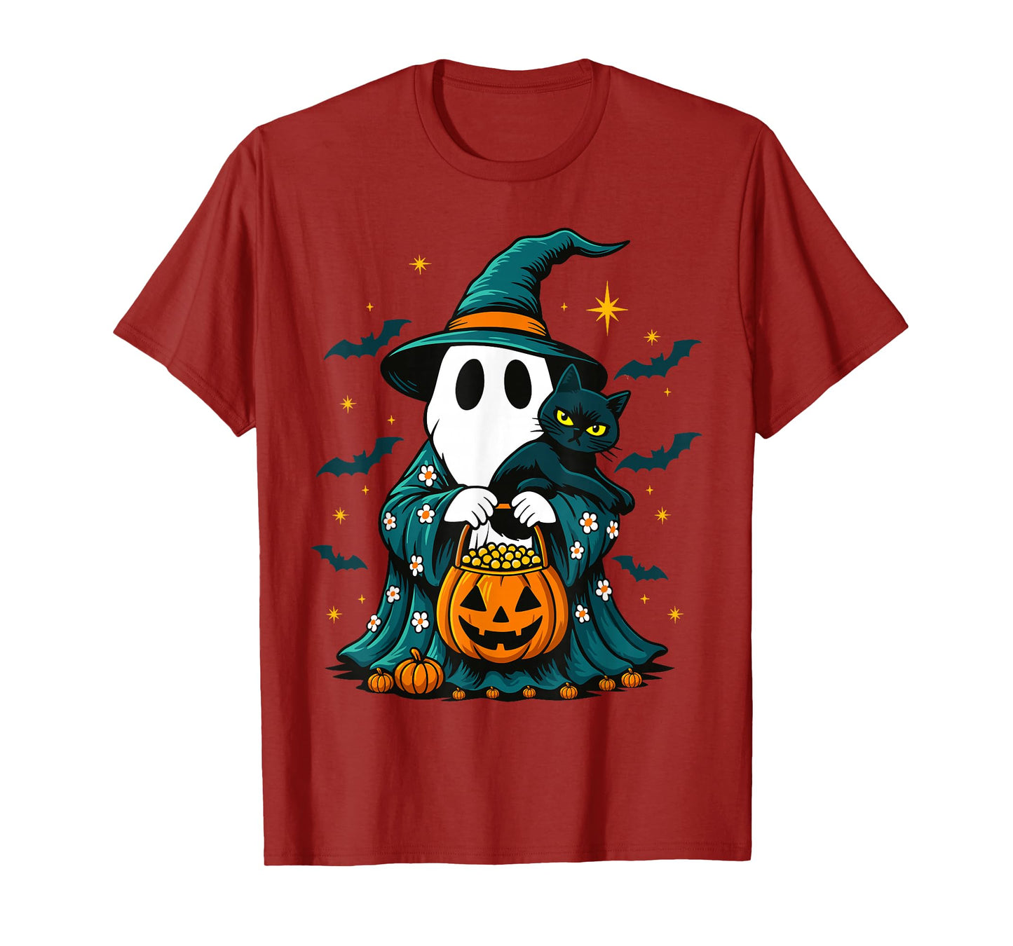 Vintage Halloween Ghost Witch Holding Black Cat Men Women T-Shirt