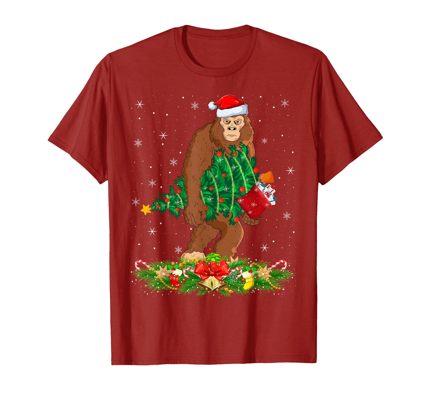 Bigfoot Christmas Tree Lights Santa Hat Funny Sasquatch Xmas T-Shirt