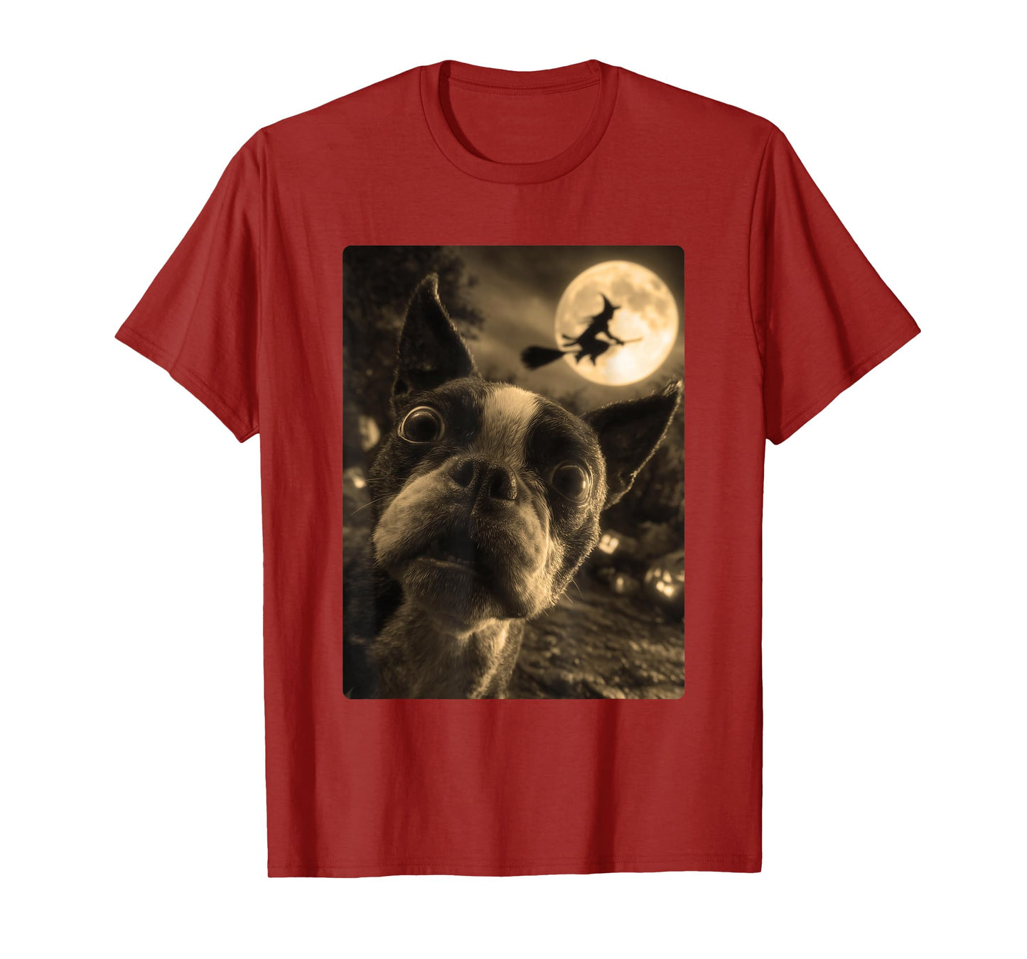 Boston Terrier Selfie Full Moon Flying Witch Halloween Dog T-Shirt