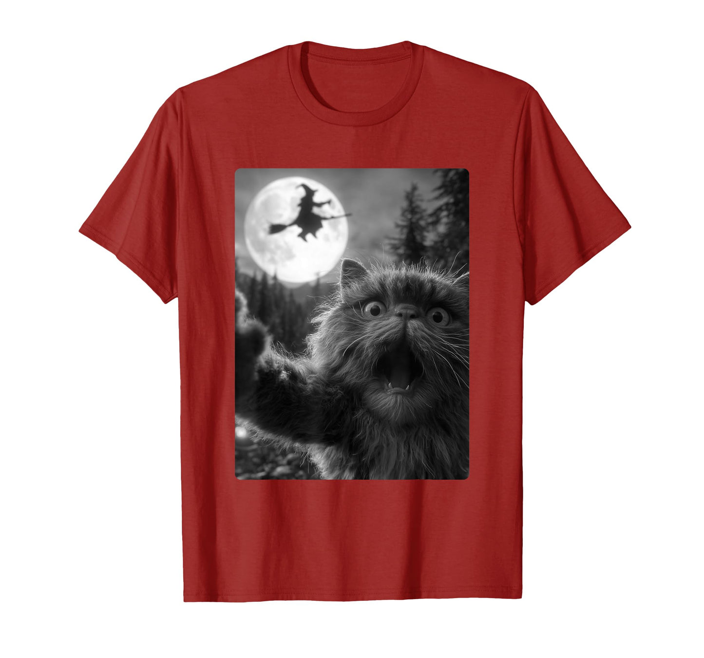 Funny Persian Cat Selfie Full Moon Flying Witch Halloween T-Shirt