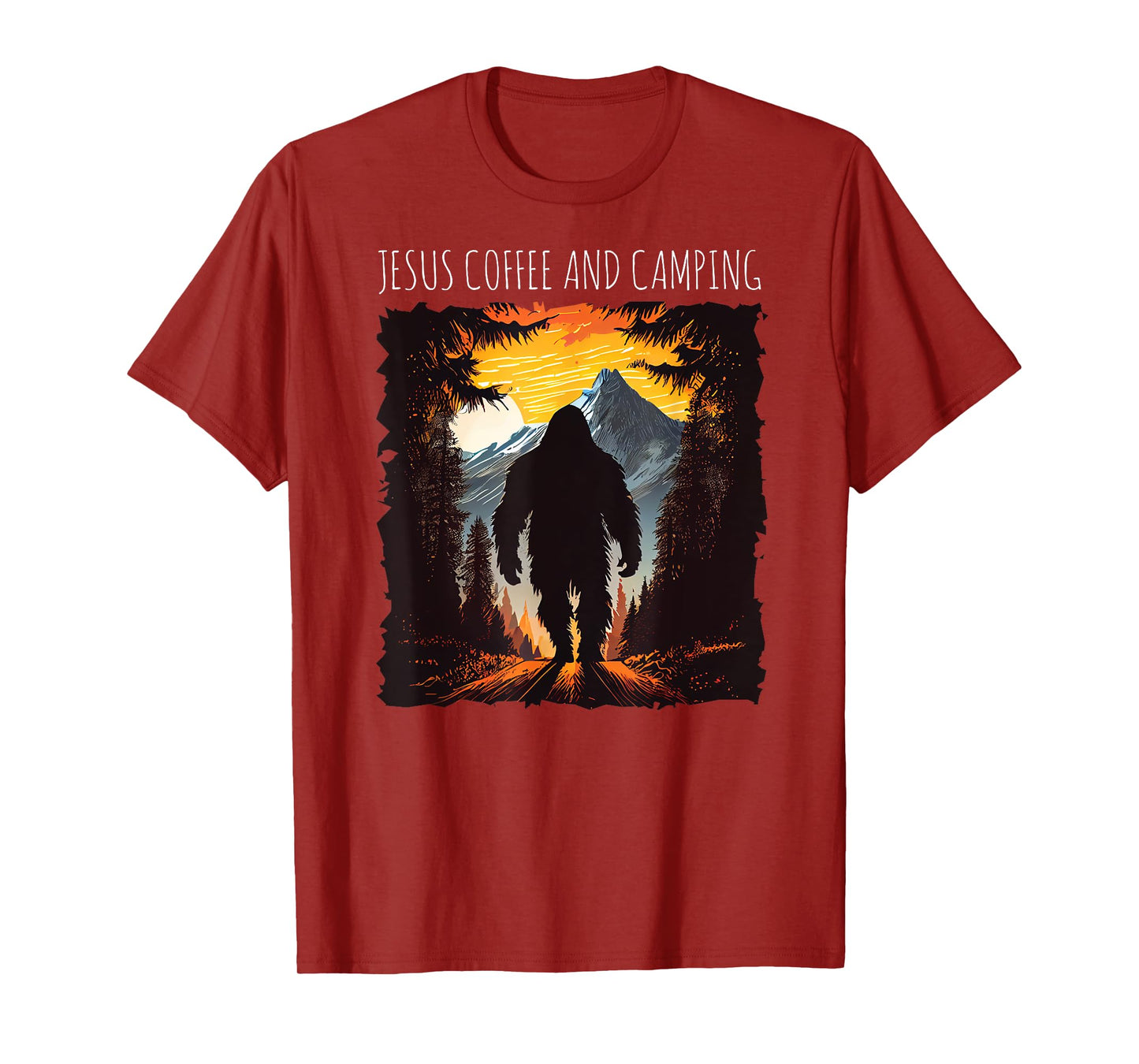Jesus Coffee And Camping Bigfoot hiking mountains sunset T-Shirt