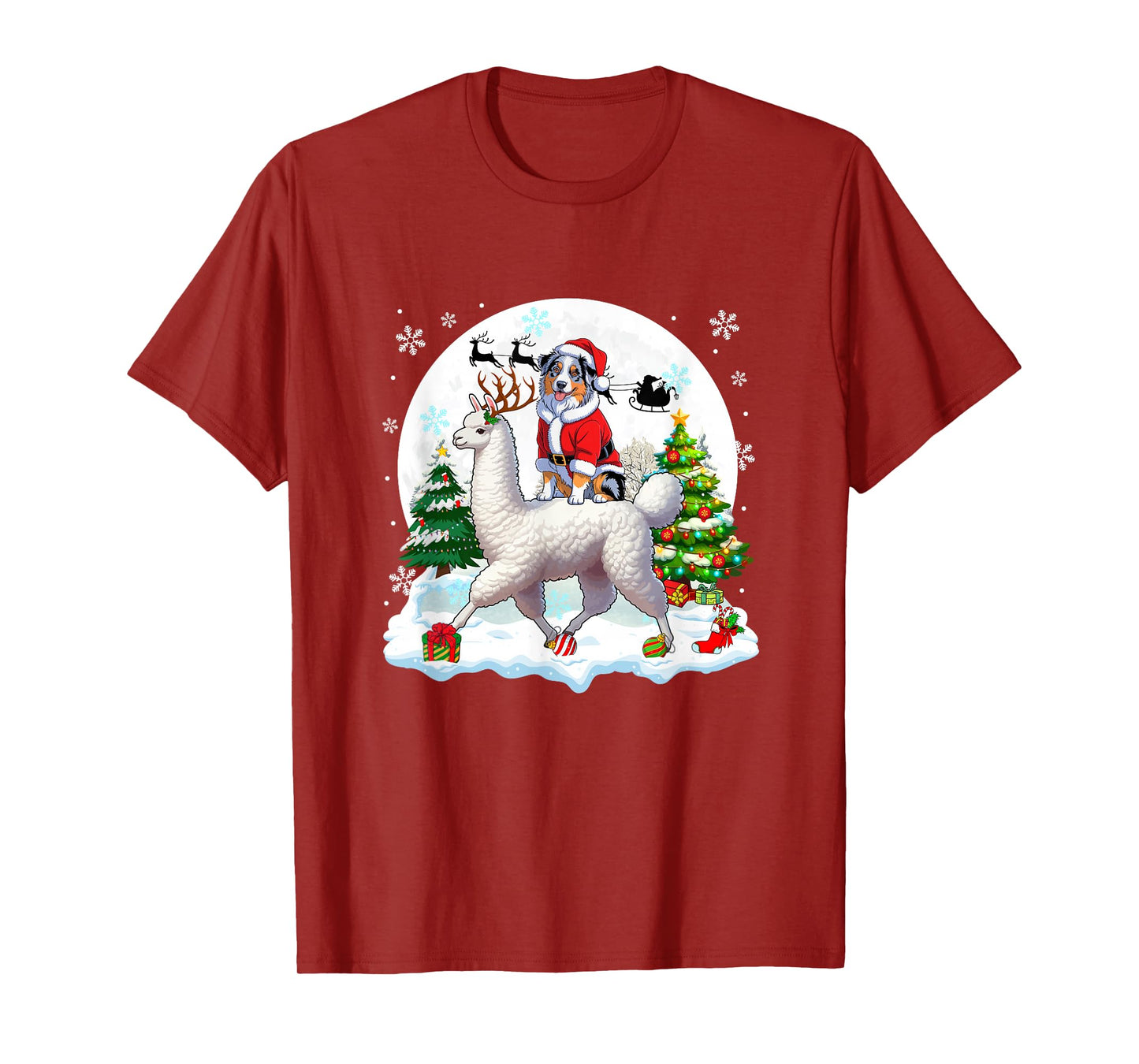 Santa Aussie Riding Llama Reindeer Christmas Owner Kids T-Shirt