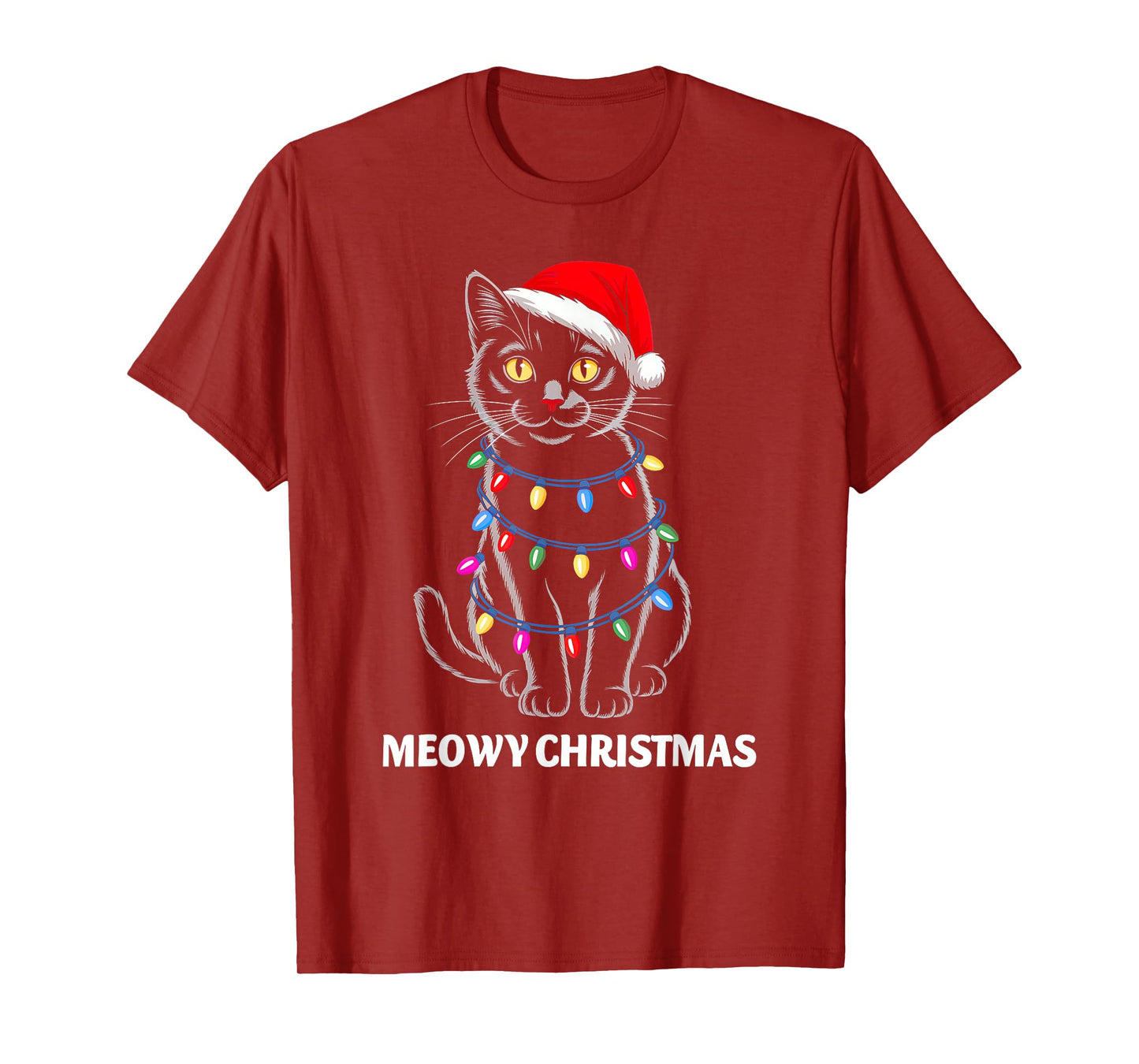 Meowy Christmas Lights Black Cat Santa Xmas Family Men Women T-Shirt