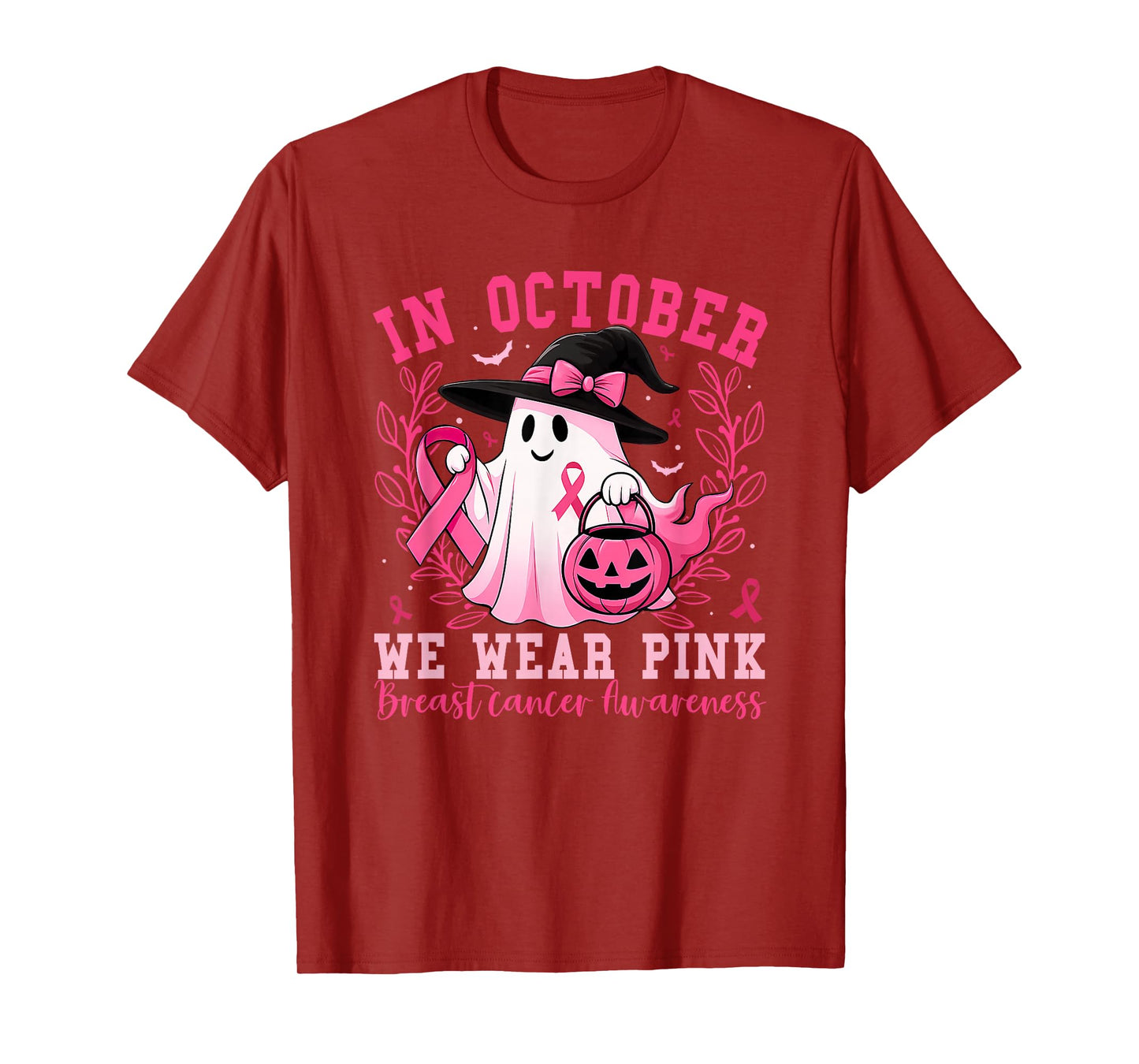 in October We Wear Pink Ghost Witch Breast Cancer Awareness T-Shirt