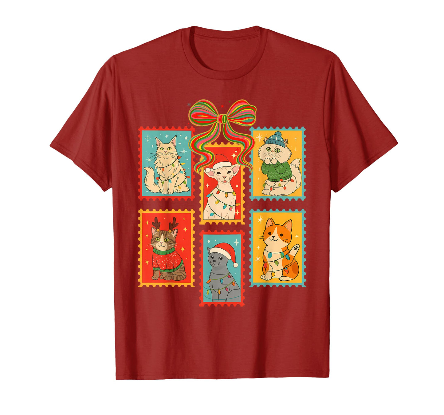 Christmas Xmas Cat Mom Cat Person Coquette Cat Lover Stamps T-Shirt
