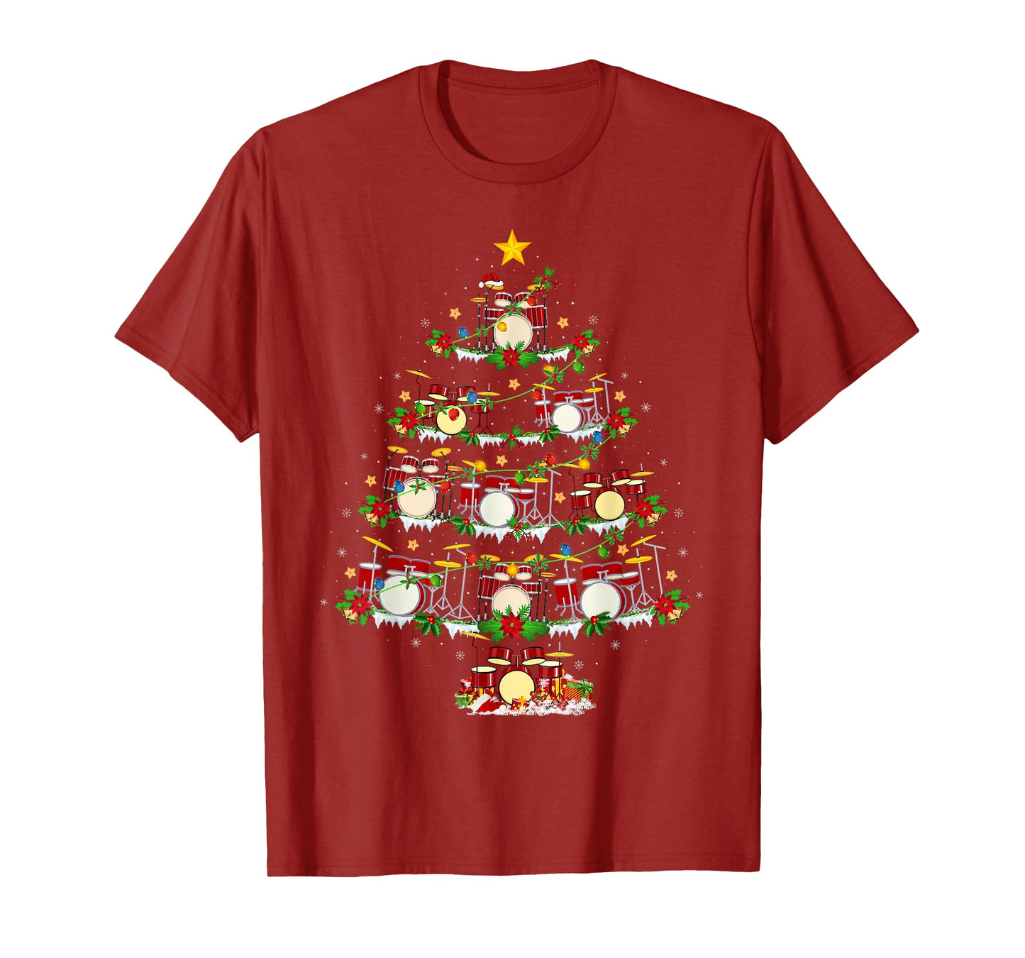 Drum Christmas Tree Lights Drum Music Lover Drummer Xmas T-Shirt