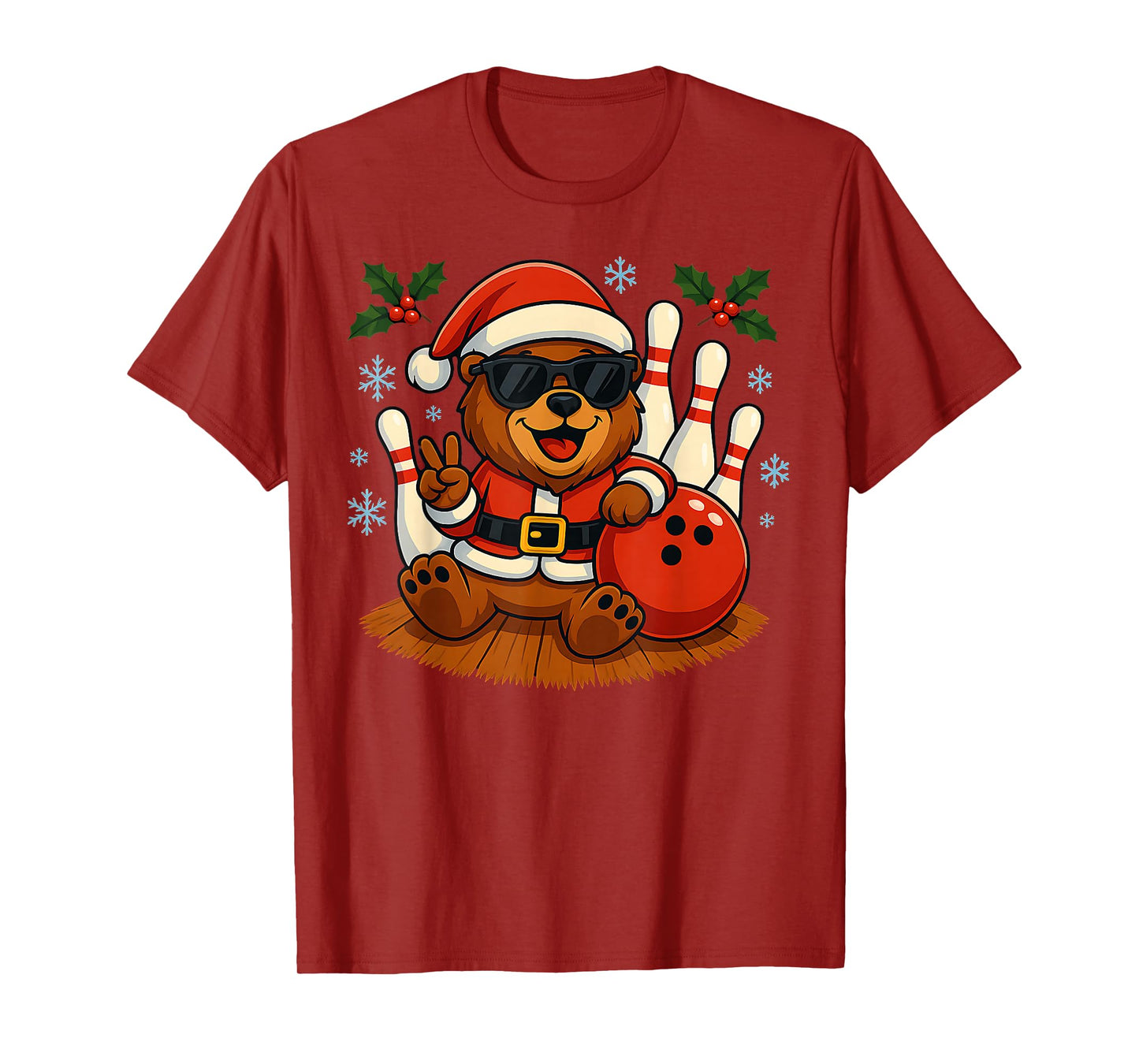 Santa Bear Bowling Christmas Funny Holiday Vibes Men Women T-Shirt