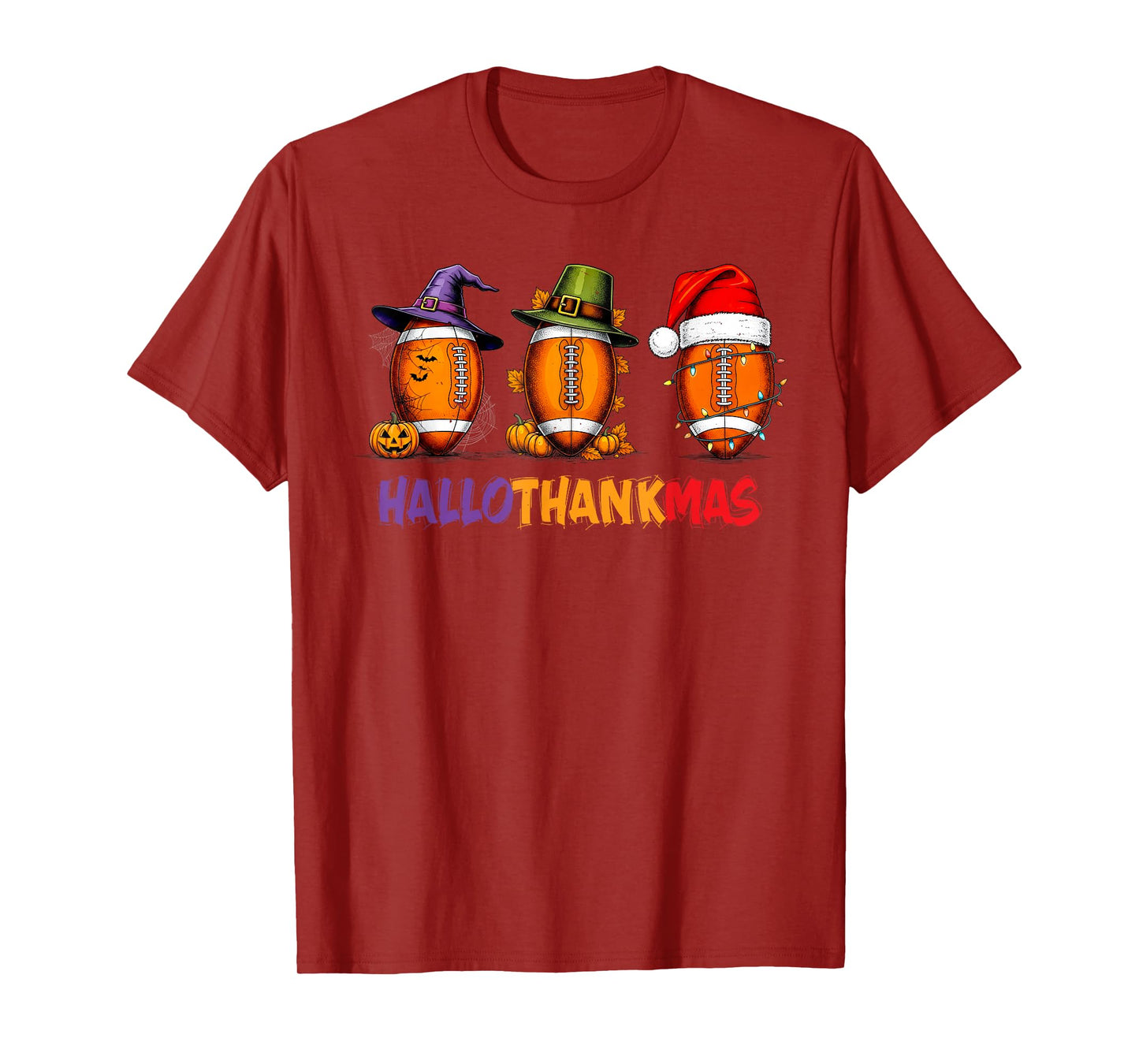 Funny HalloThankMas Football Halloween Thanksgiving Xmas T-Shirt