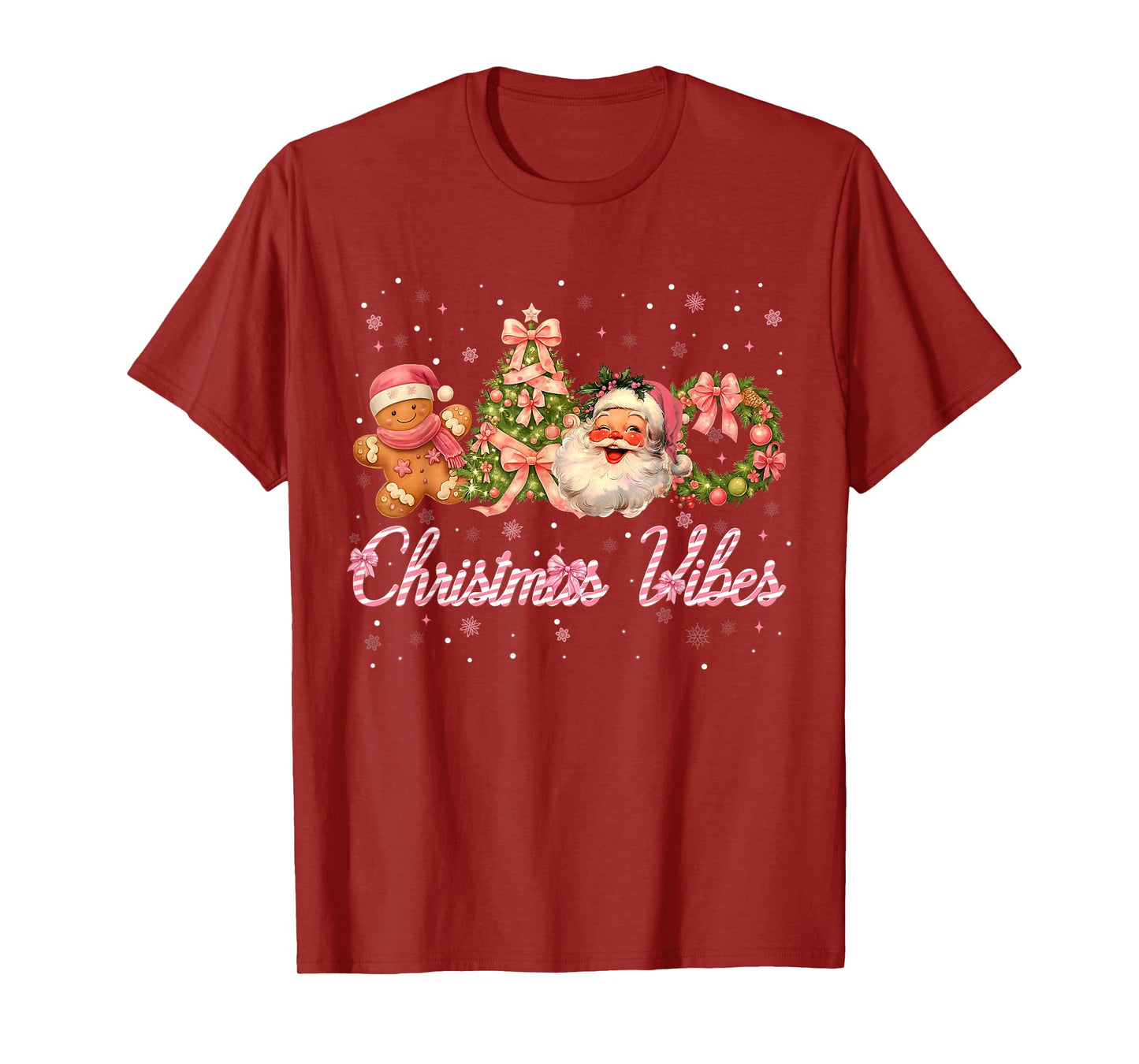 Christmas Vibes Cute Pink Santa Christmas Xmas Women Girl T-Shirt