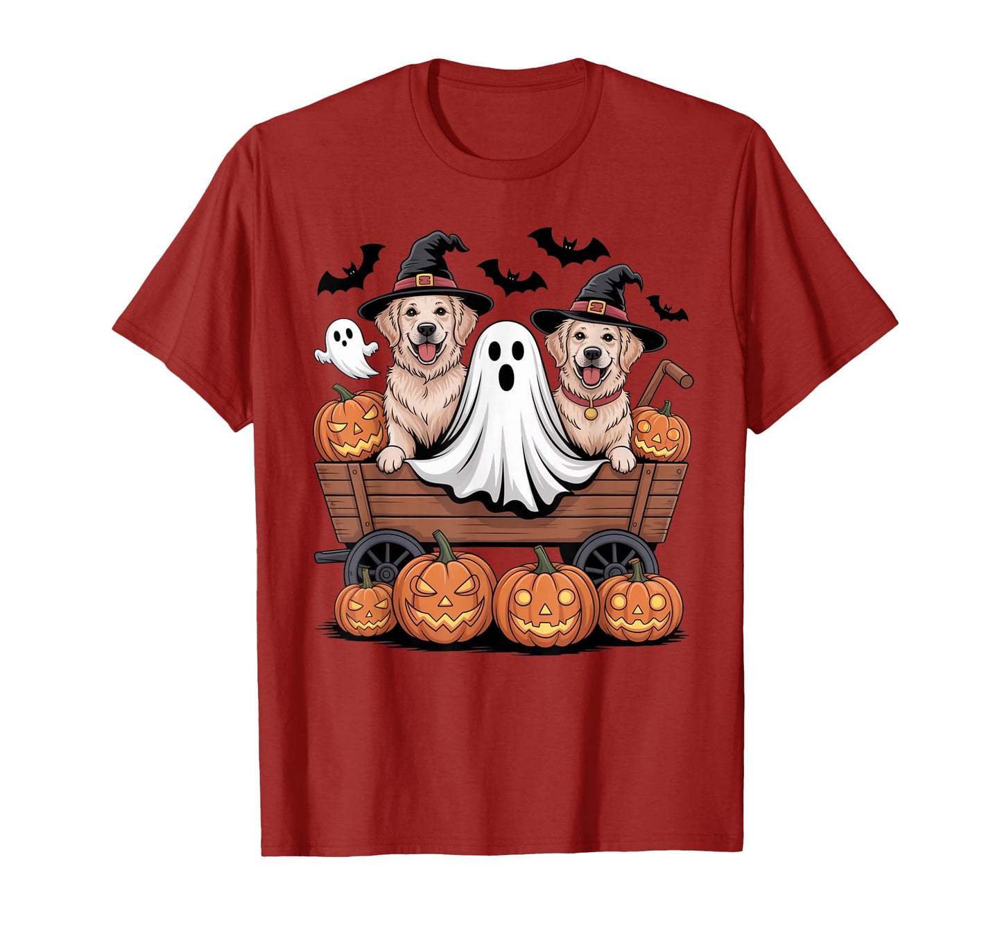 Golden Retriever Halloween Wagon Witch Hats Bats Pumpkins T-Shirt