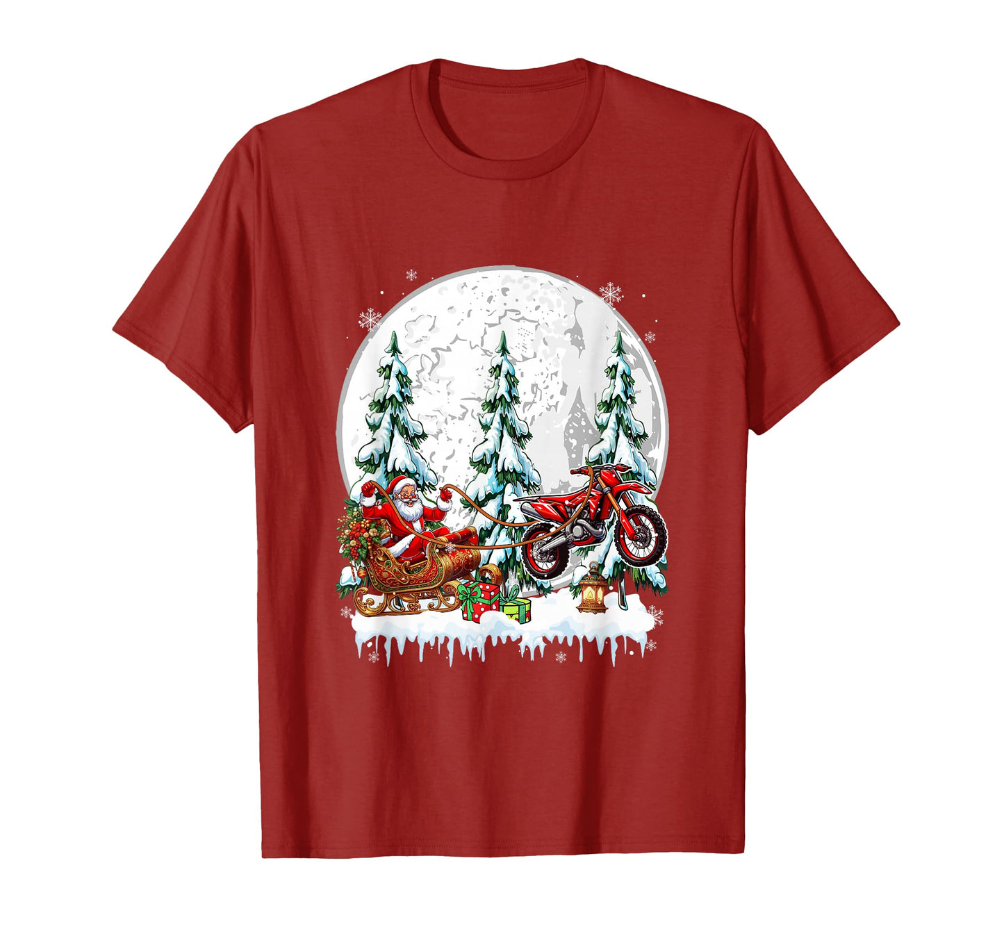 Santa Sleigh Reindeer Dirt Bike Xmas Trees Matching Biker T-Shirt