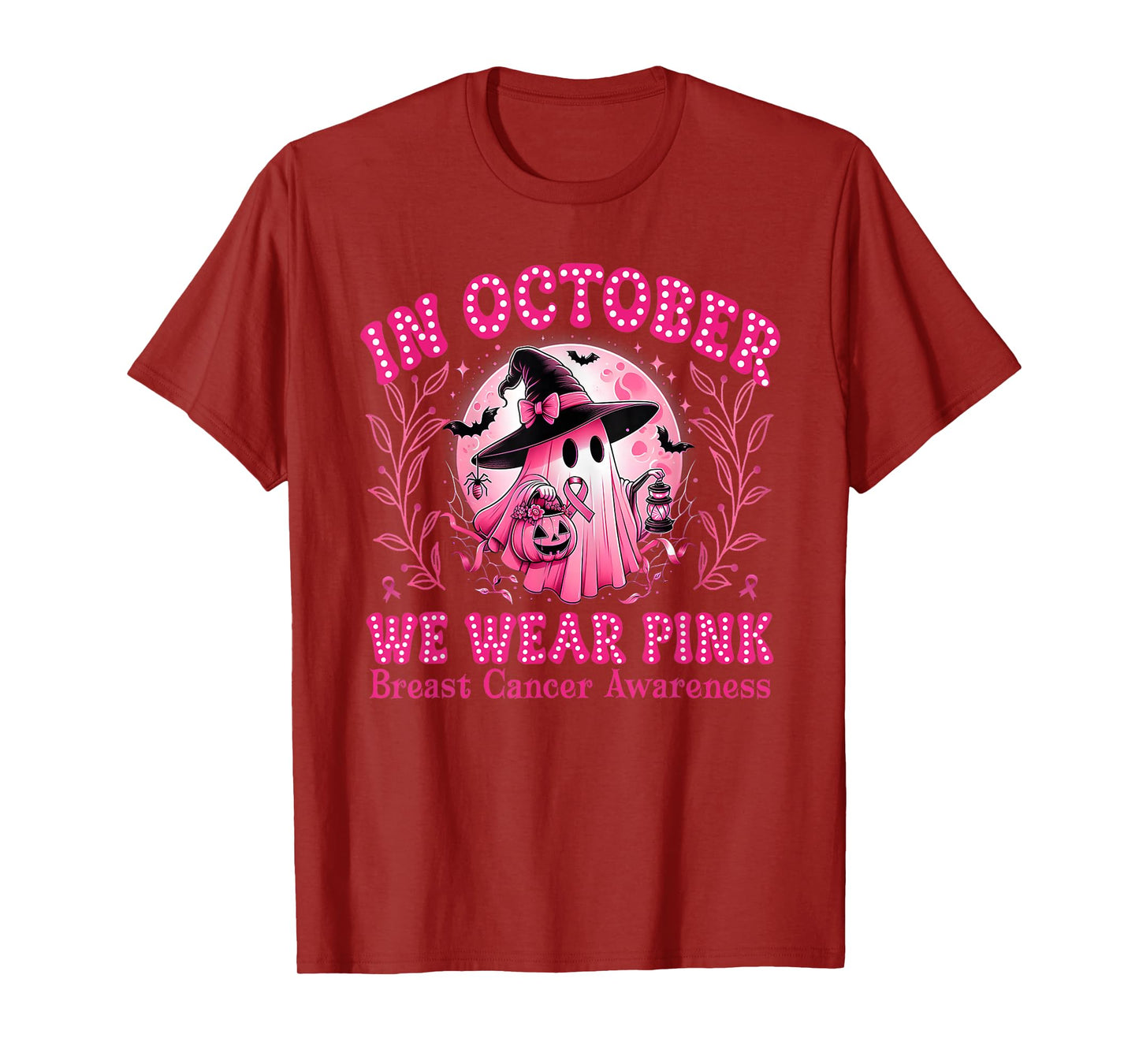in October We Wear Pink Ghost Witch Breast Cancer Awareness T-Shirt