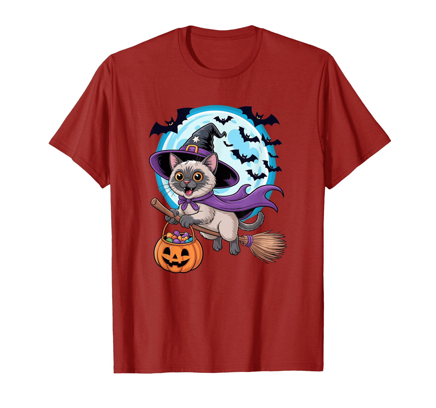 Halloween Witch Siamese Cat Moon Meezer T-Shirt