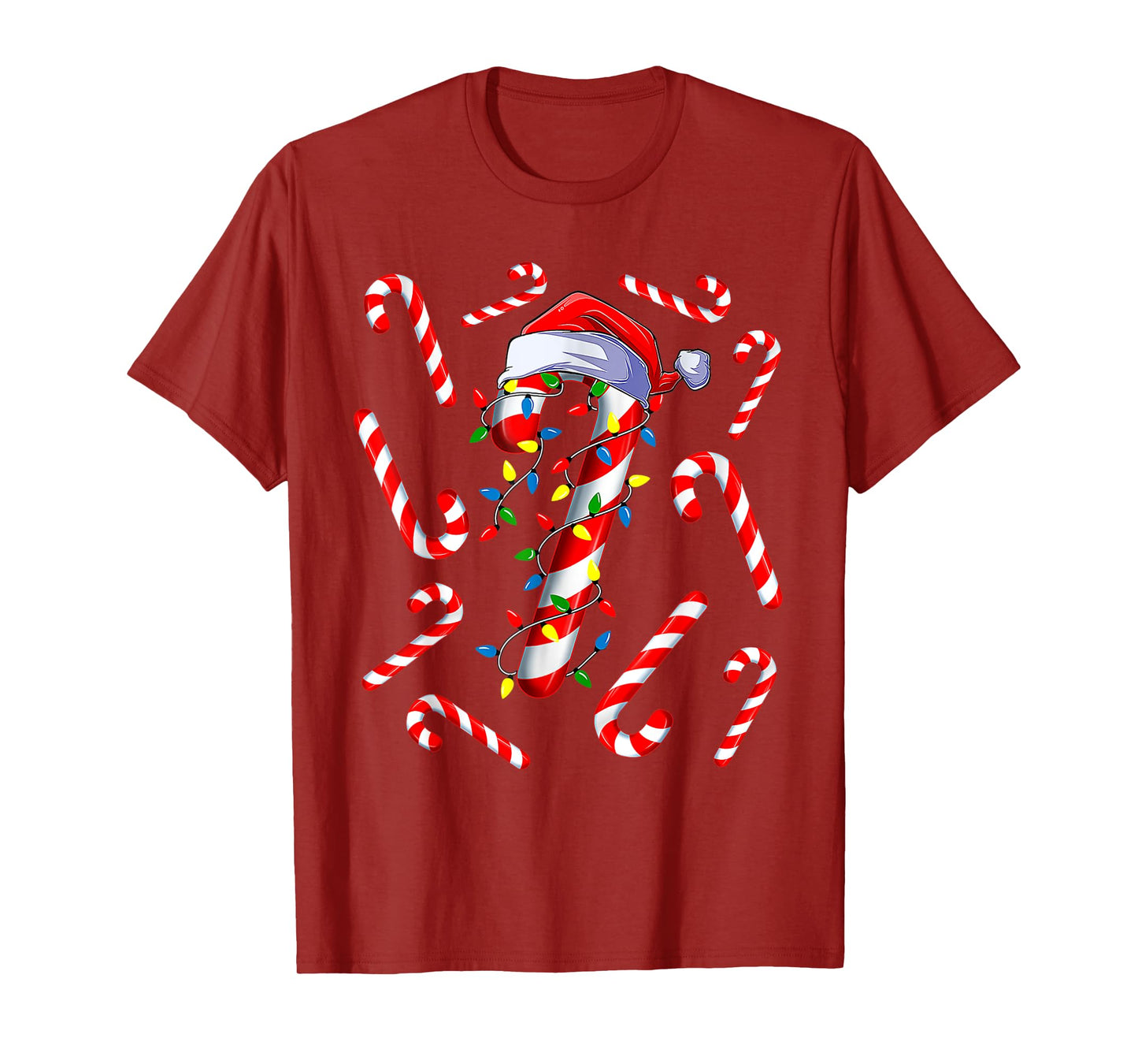 Red And White Candy Cane Santa Christmas Funny Xmas Lights T-Shirt