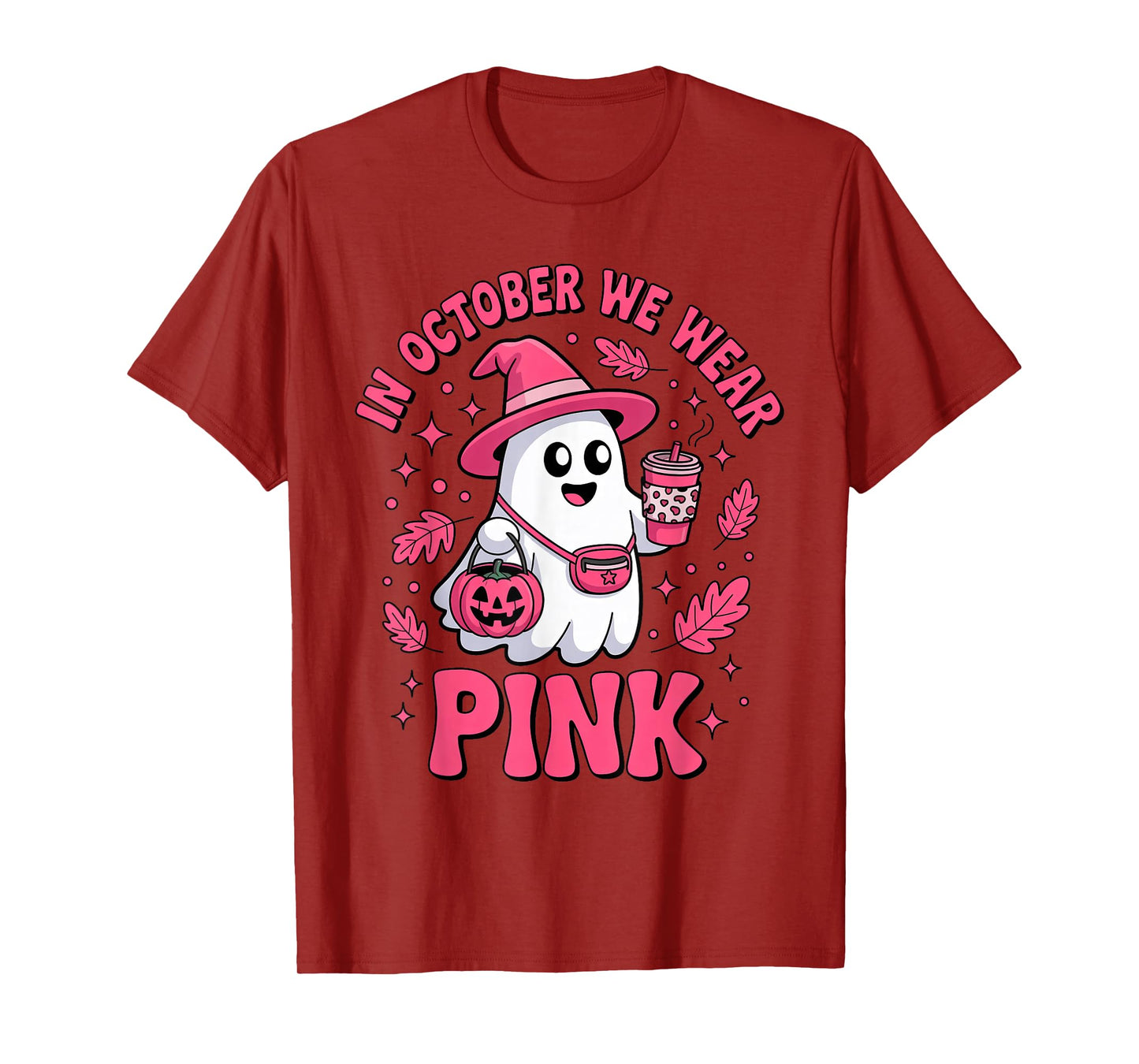 in October We Wear Pink Ghost Dinking Coffee Breast Cancer T-Shirt