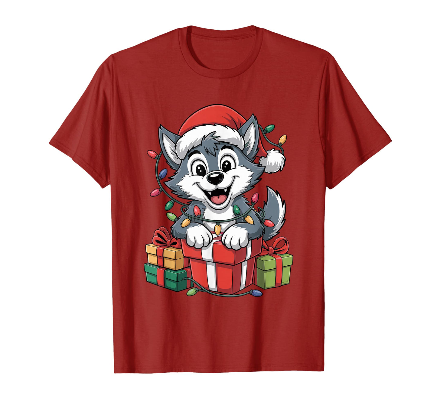 Wolf Santa Hat Christmas Design Funny Wild Animal Lovers T-Shirt
