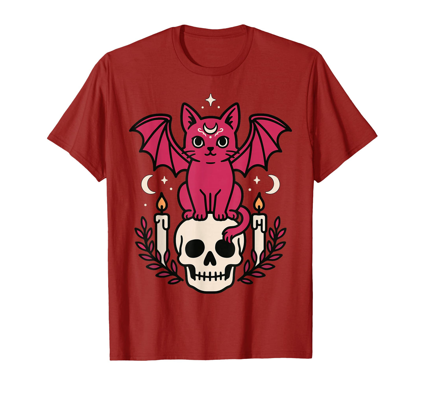 Bat Cat Skull Candle Gothic Halloween Cute Witch Vibes T-Shirt