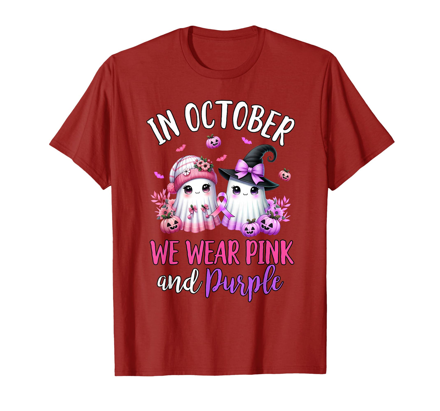 in October We Wear Purple and Pink Ghost Witch Breast Cancer T-Shirt