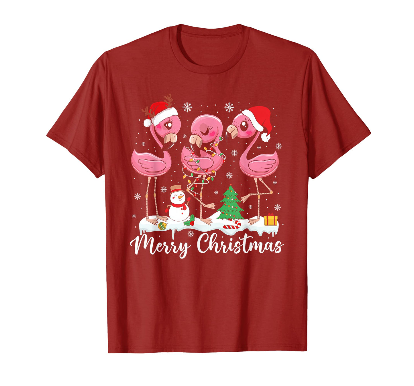 Merry Christmas Lights Red Santa Hat Family Xmas Flamingo T-Shirt