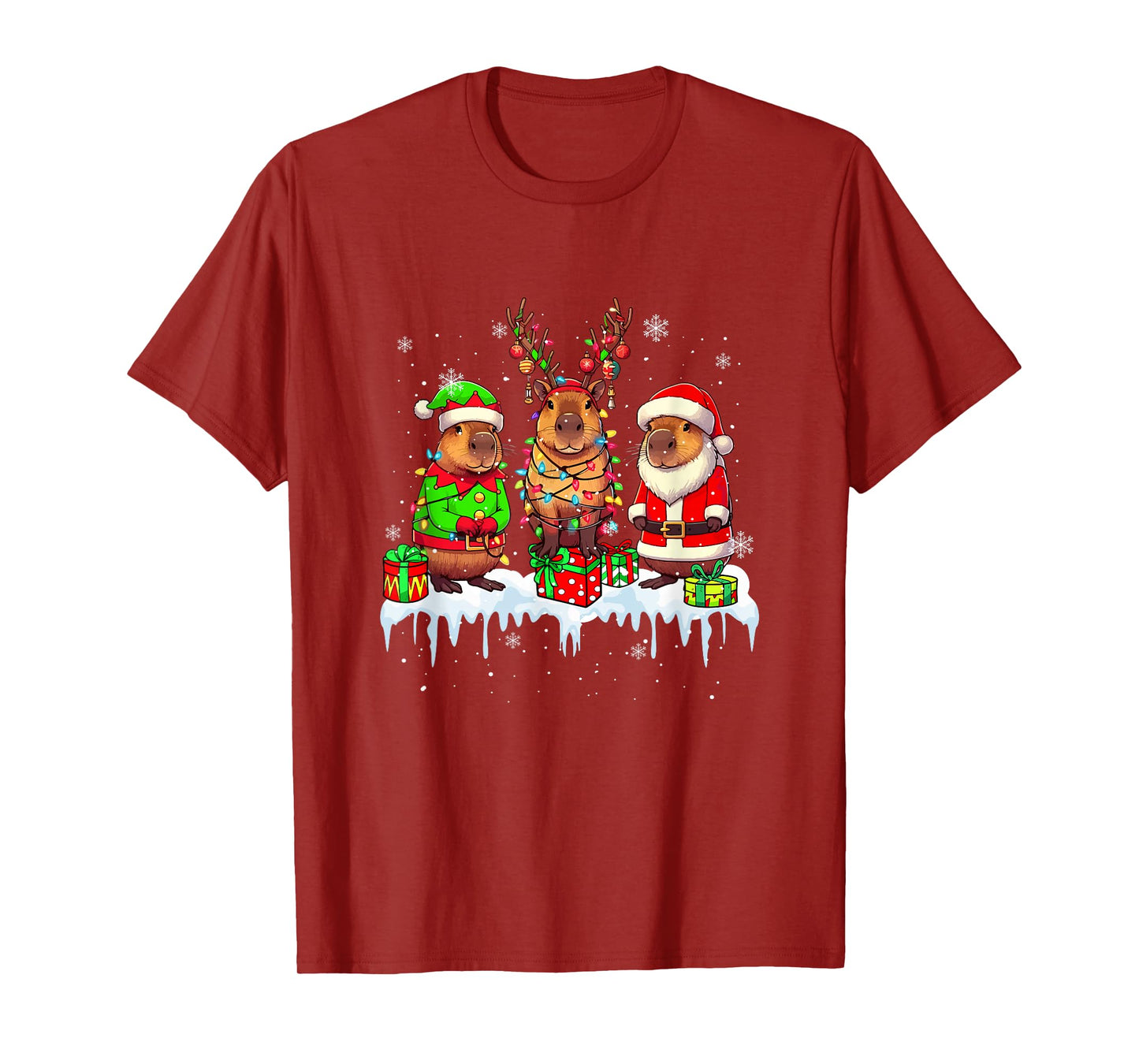 Three Santa Reindeer Elf Capybaras Christmas Colorful Lights T-Shirt