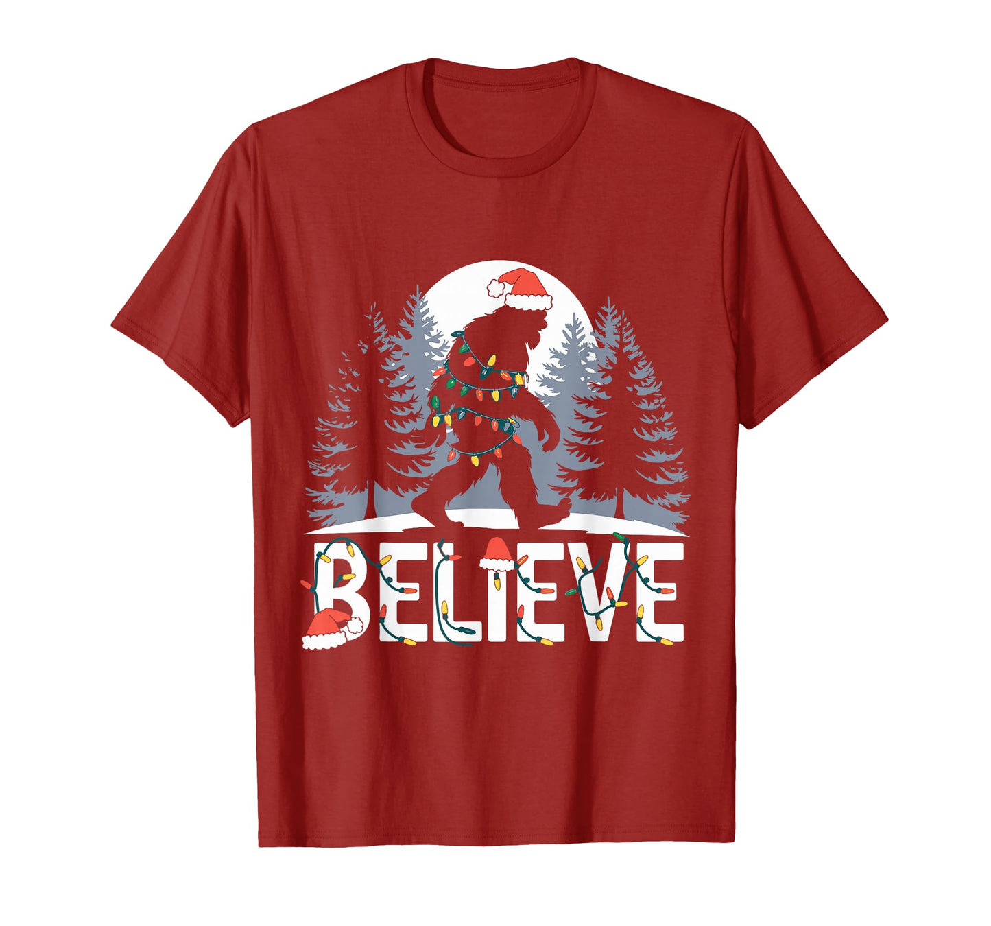 Santa Bigfoot Christmas Lights Funny Sasquatch Believe Xmas T-Shirt