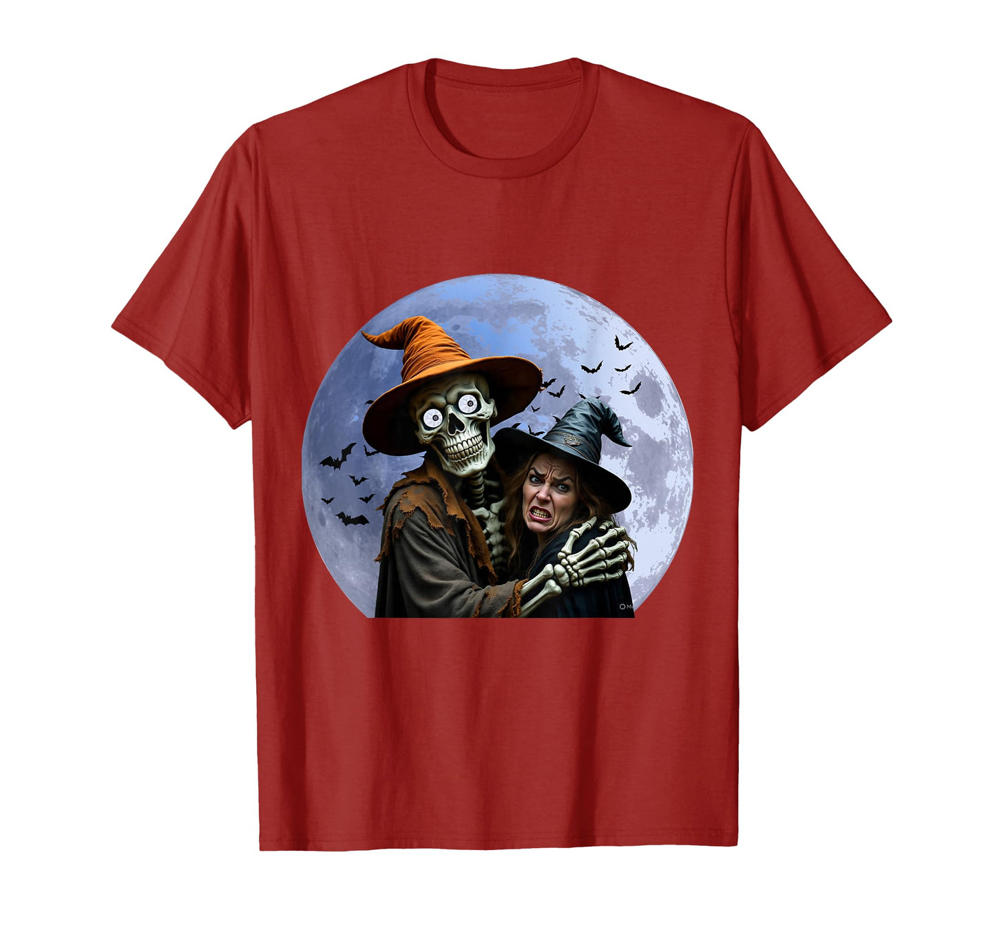 Halloween Skeleton Holding A Witch Under The Full Moon T-Shirt