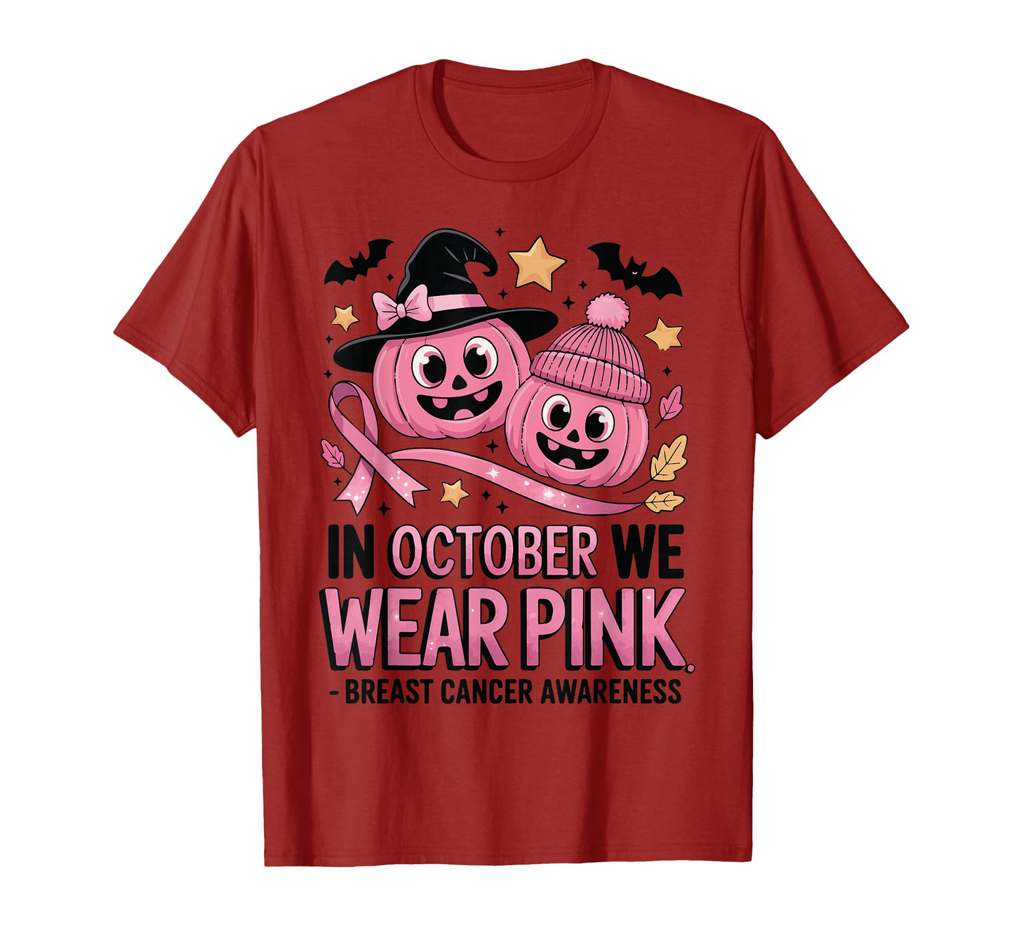 in October We Wear Pink Ghost Witch Breast Cancer Awareness T-Shirt