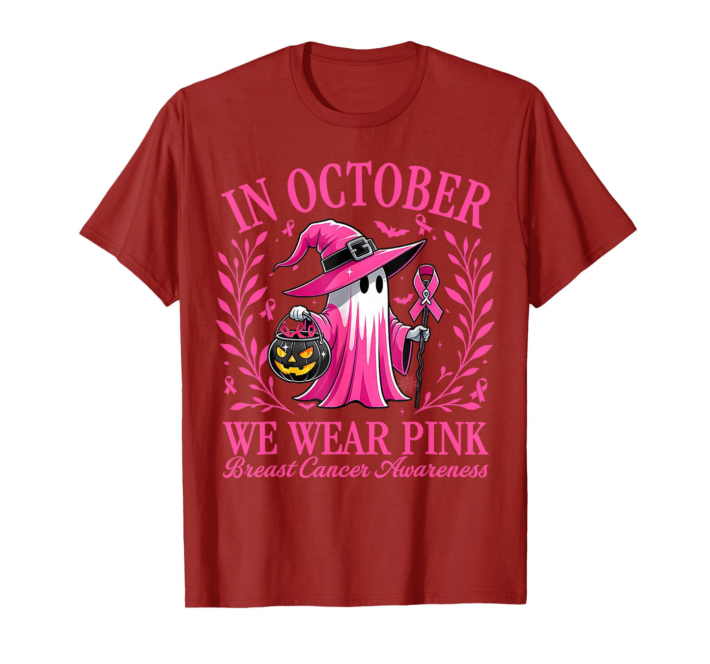 in October We Wear Pink Witch Breast Cancer Women Halloween T-Shirt