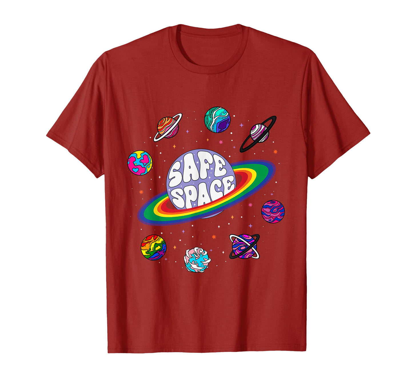 Retro Rainbow Planets Safe Space Cosmic LGBTQ Pride Month T-Shirt