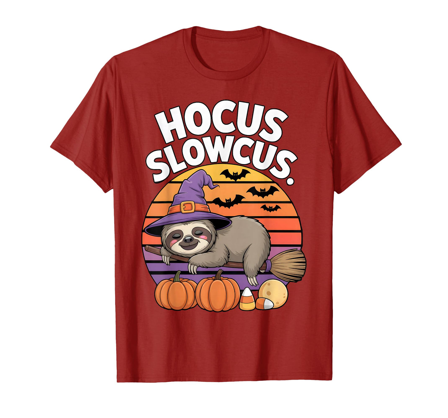 Hocus Slowcus Sloth Witch Hat Broom Pumpkin Bat Halloween T-Shirt