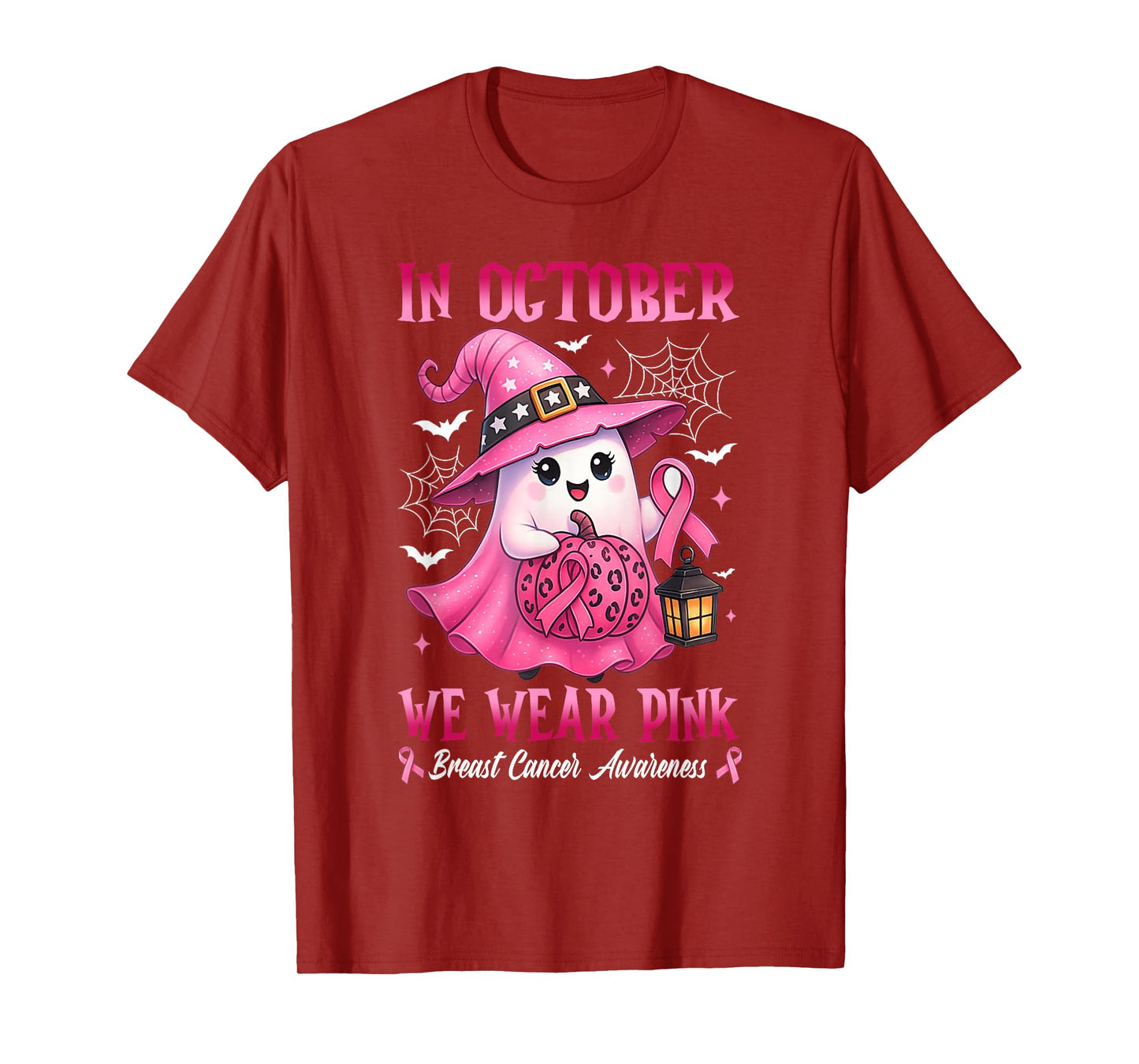 in October We Wear Pink Ghost Witch Breast Cancer Awareness T-Shirt