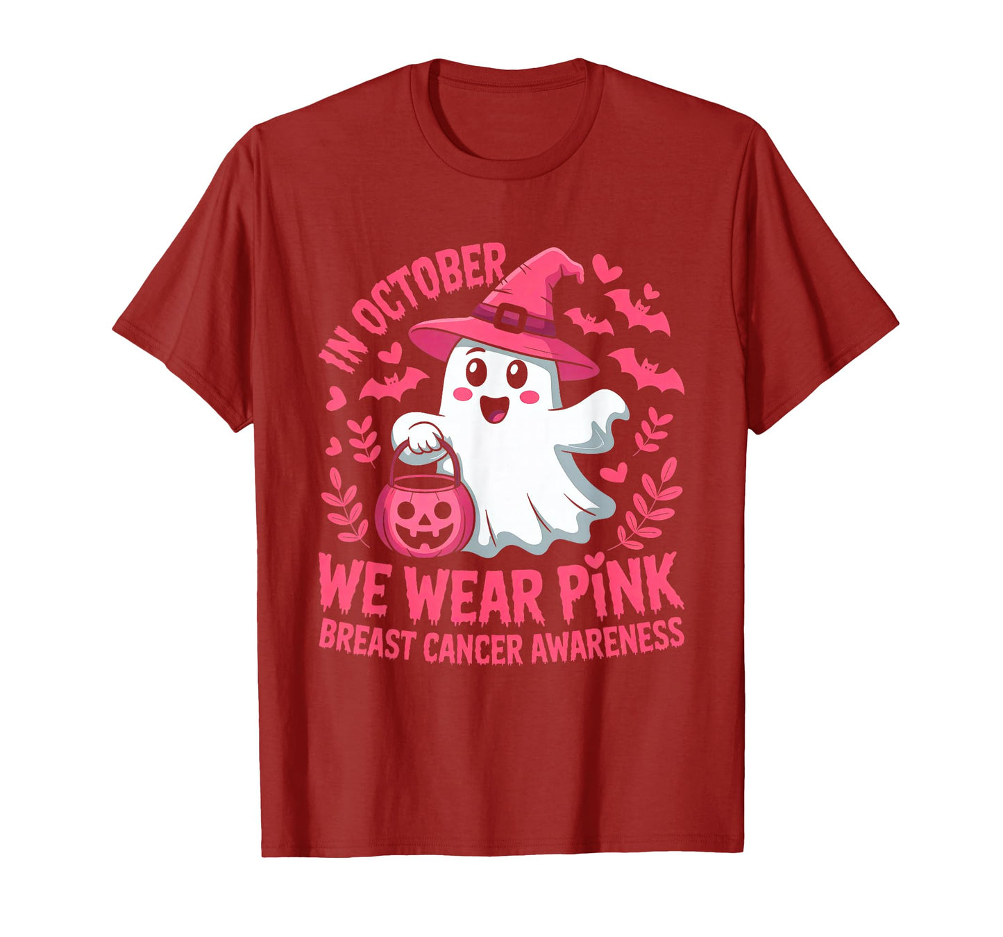 in October We Wear Pink Ghost Breast Cancer Women Halloween T-Shirt