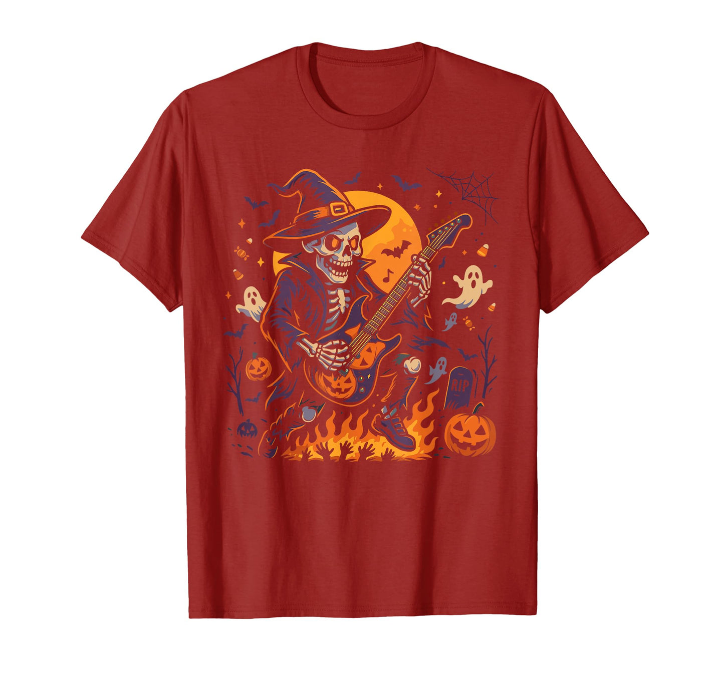 Rocking Skeleton Witch Guitar Halloween Ghost Pumpkin T-Shirt