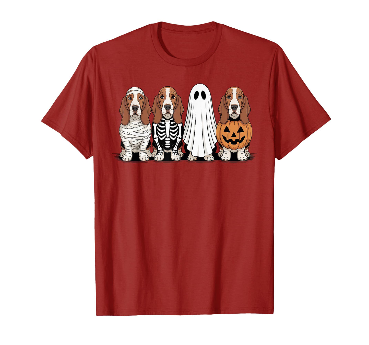 Spooky Ghost Basset Hound Pumpkin Halloween Dog Skeleton T-Shirt