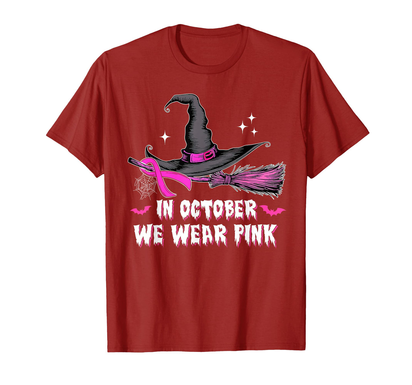 in October We Wear Pink Witch Broom Breast Cancer Halloween T-Shirt