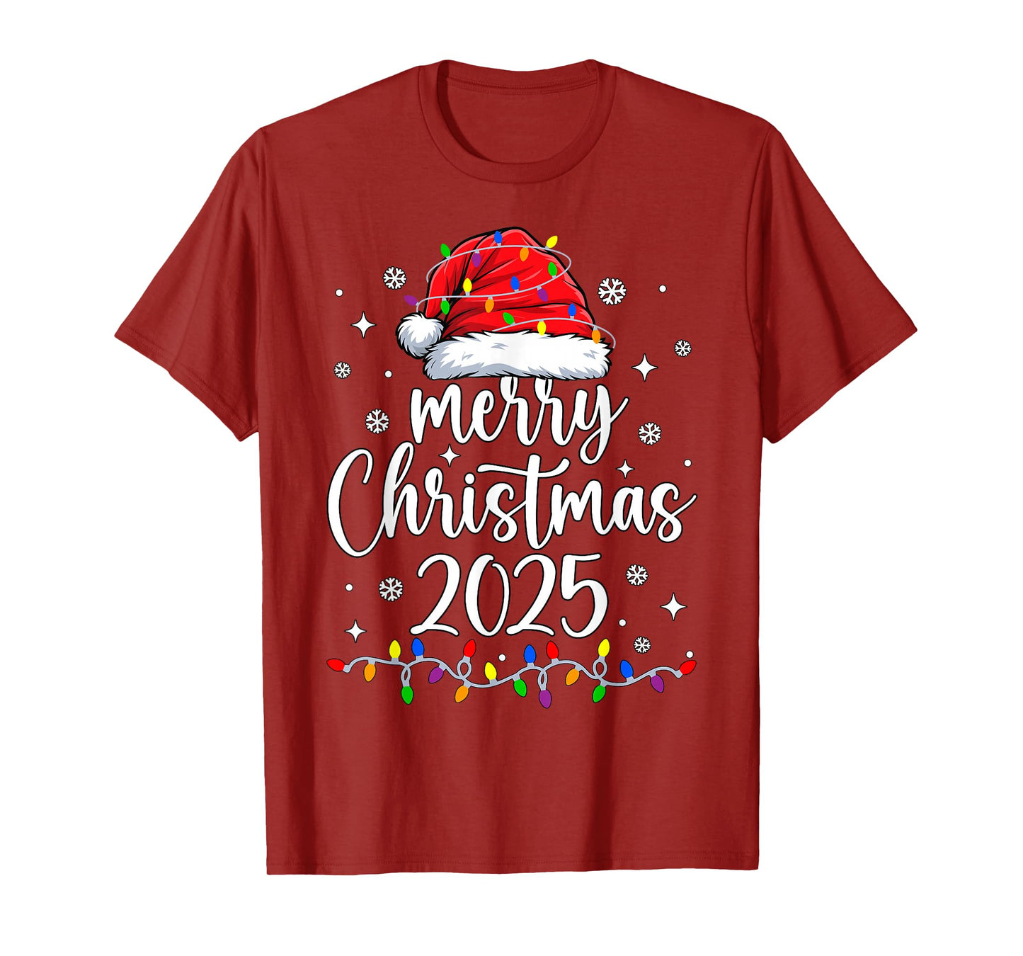 Merry Christmas 2025 Lights Red Santa Hat Xmas Men Women Kid T-Shirt