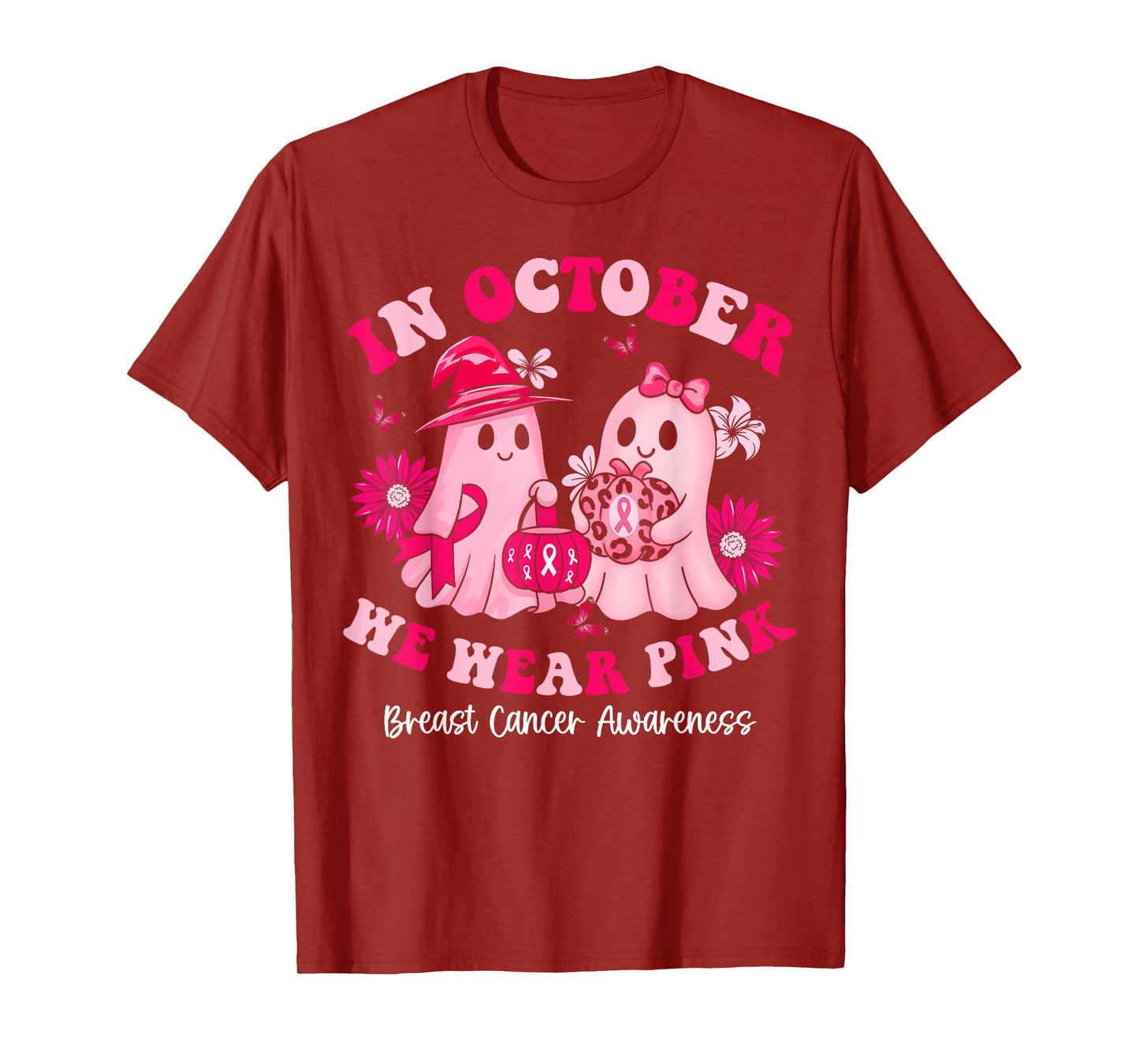 in October We Wear Pink Ghost Witch Breast Cancer Awareness T-Shirt