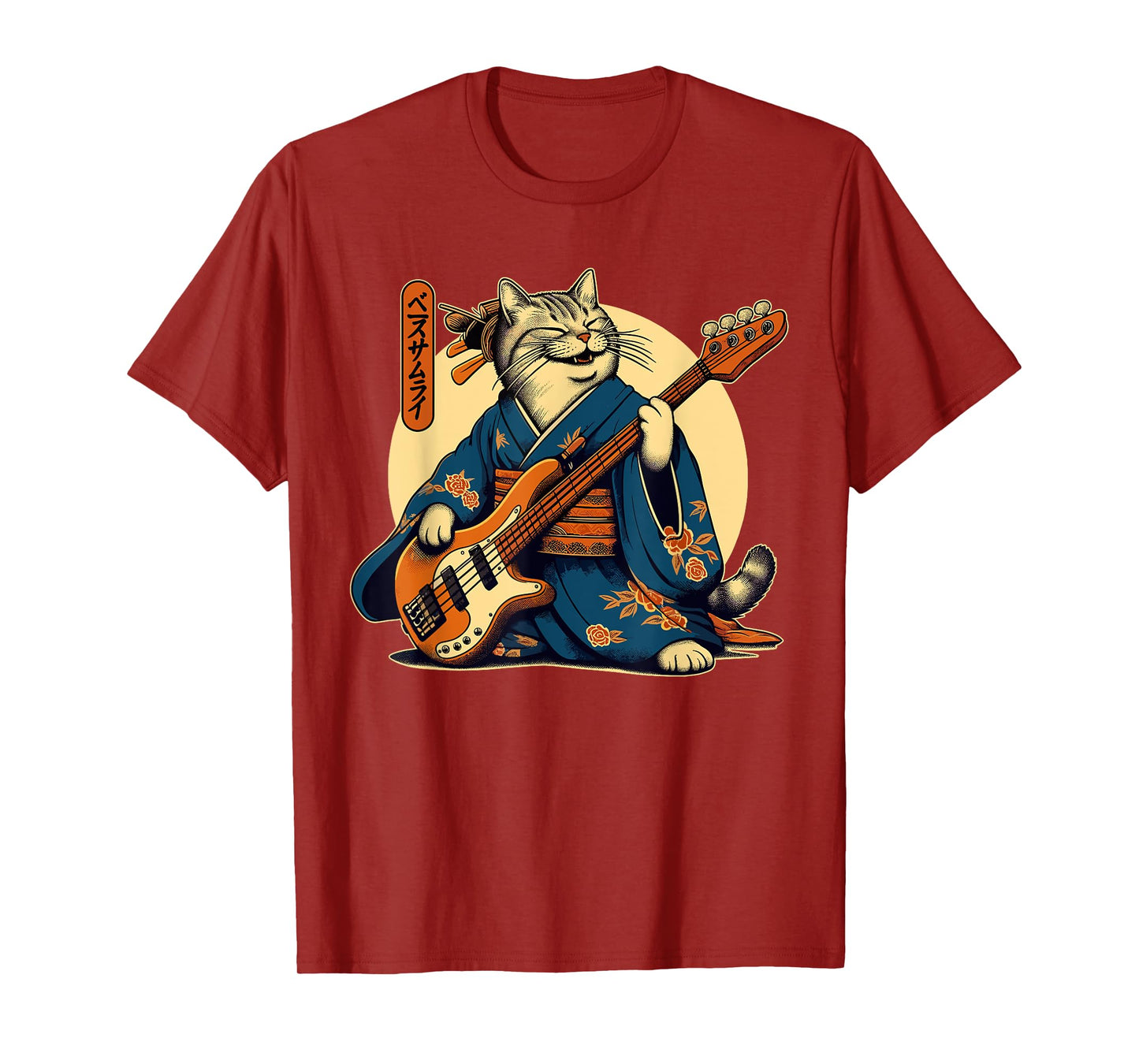 Japanese Samurai Cat Playing The Bass T-Shirt
